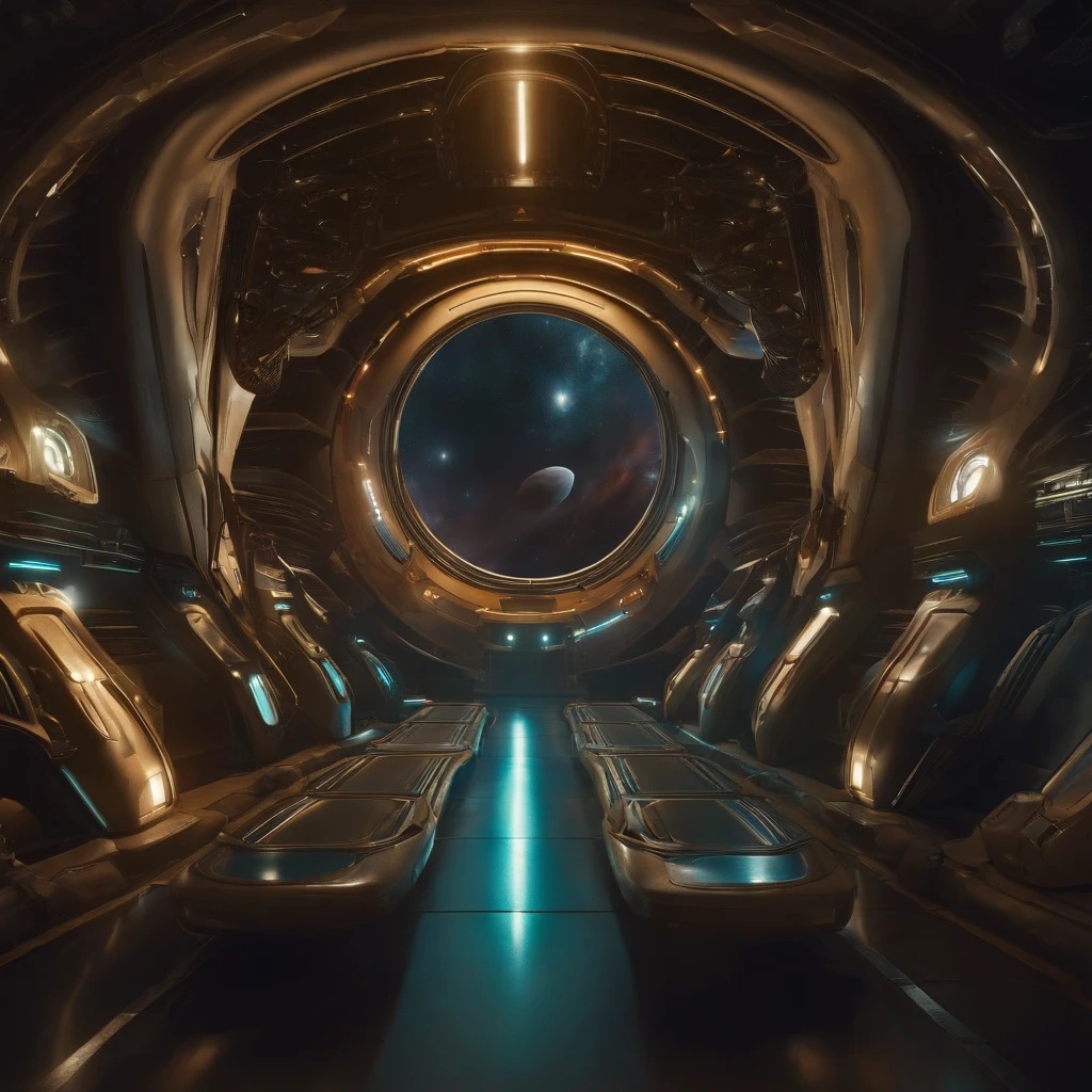 Aliens in a spaceship,in a panoramic view,(plethora of colors,Best quality,high detal,tmasterpiece,cinmatic lighting,4K,Chiaroscuro)