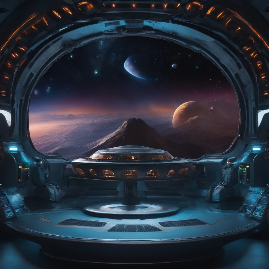 Aliens in a spaceship,in a panoramic view,(plethora of colors,Best quality,high detal,tmasterpiece,cinmatic lighting,4K,Chiaroscuro)
