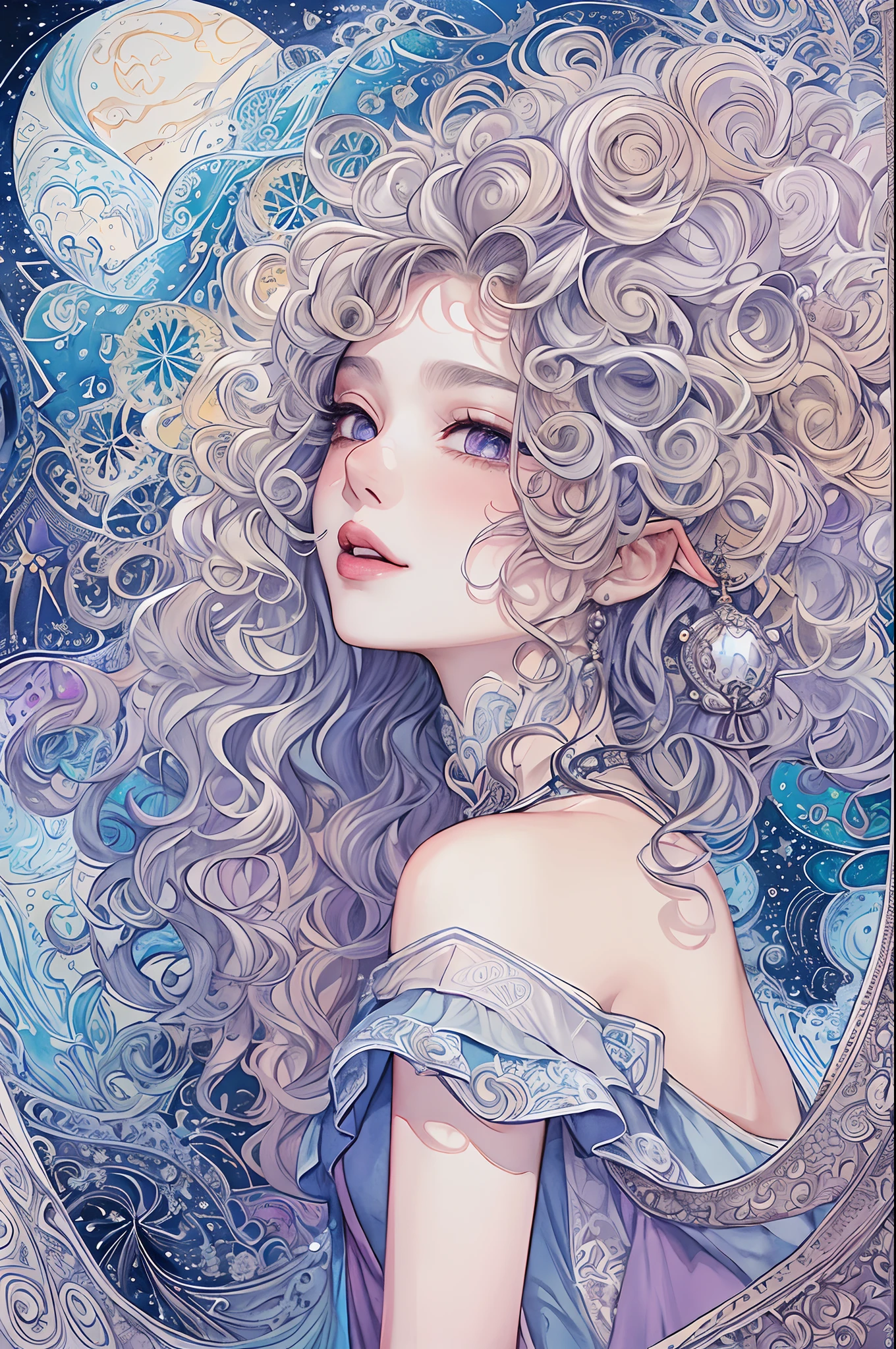 (tmasterpiece、top-quality、top-quality、watercolor paiting(curly)、offcial art、aestheticly pleasing:1.2)、(1girl in:1.3)、(Fractal art:1.3)、The upper part of the body、From the side Side、looking at viewert、patterns、(colorfulhair、Half-blonde,Half of the hair is silver:1.2)、Eau、liquids、clouds、Extremely colorful、starrysky、stone monument、tarot cards,the elf,lipsticks,Ruddy complexion,Purple eye,