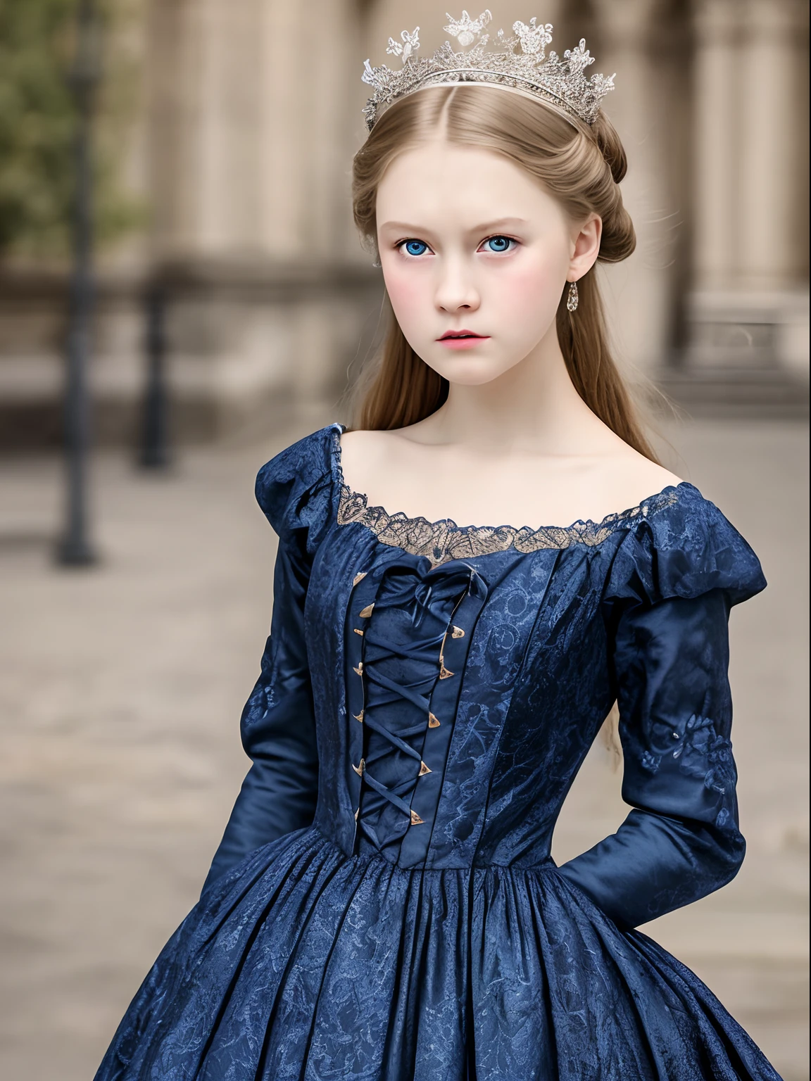 Best quality, Masterpiece, high resolution, Original, highly detailed wallpaper, Beauty,、dress, 、teens girl、Real Human、Authentic、blond、Blue eyes、Old photos、Angry、irate、bit girl、Angry face、English aristocratic dress、Angry、British retro style