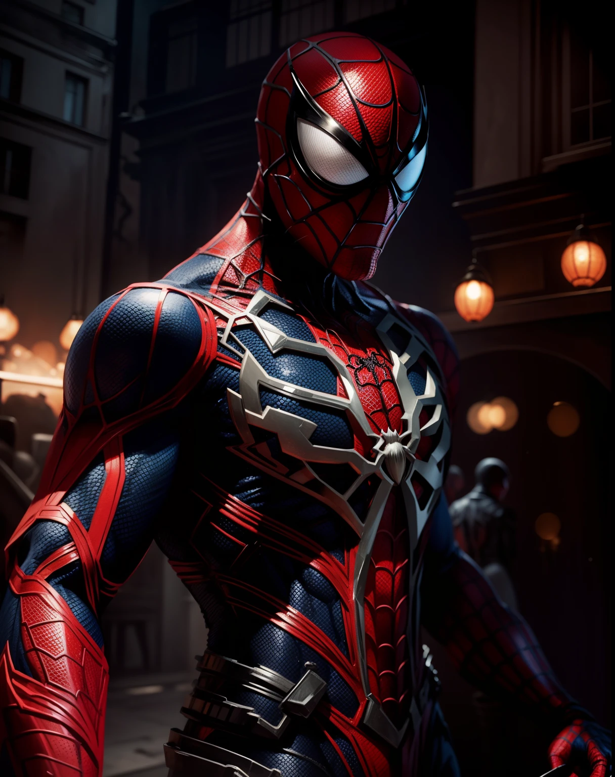 White Spider-Man photography, biomechanical, complex robot, full growth, hyper-realistic, insane small details, extremely clean lines, cyberpunk aesthetic, a masterpiece featured on Zbrush Central