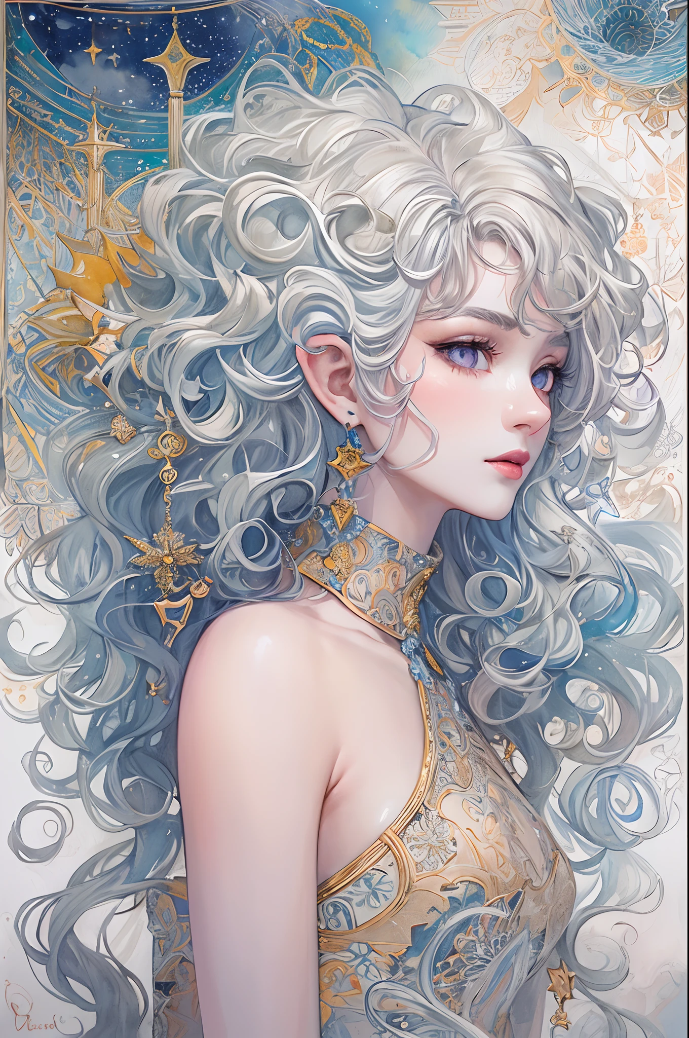 (tmasterpiece、top-quality、top-quality、watercolor paiting(curly)、offcial art、aestheticly pleasing:1.2)、(1girl in:1.3)、(Fractal art:1.3)、The upper part of the body、From the side Side、looking at viewert、patterns、(colorfulhair、Half-blonde，Half of the hair is silver:1.2)、Eau、liquids、​​clouds、Extremely colorful、starrysky、stone monument、tarot cards，the elf，lipsticks，Ruddy complexion，Purple eye，