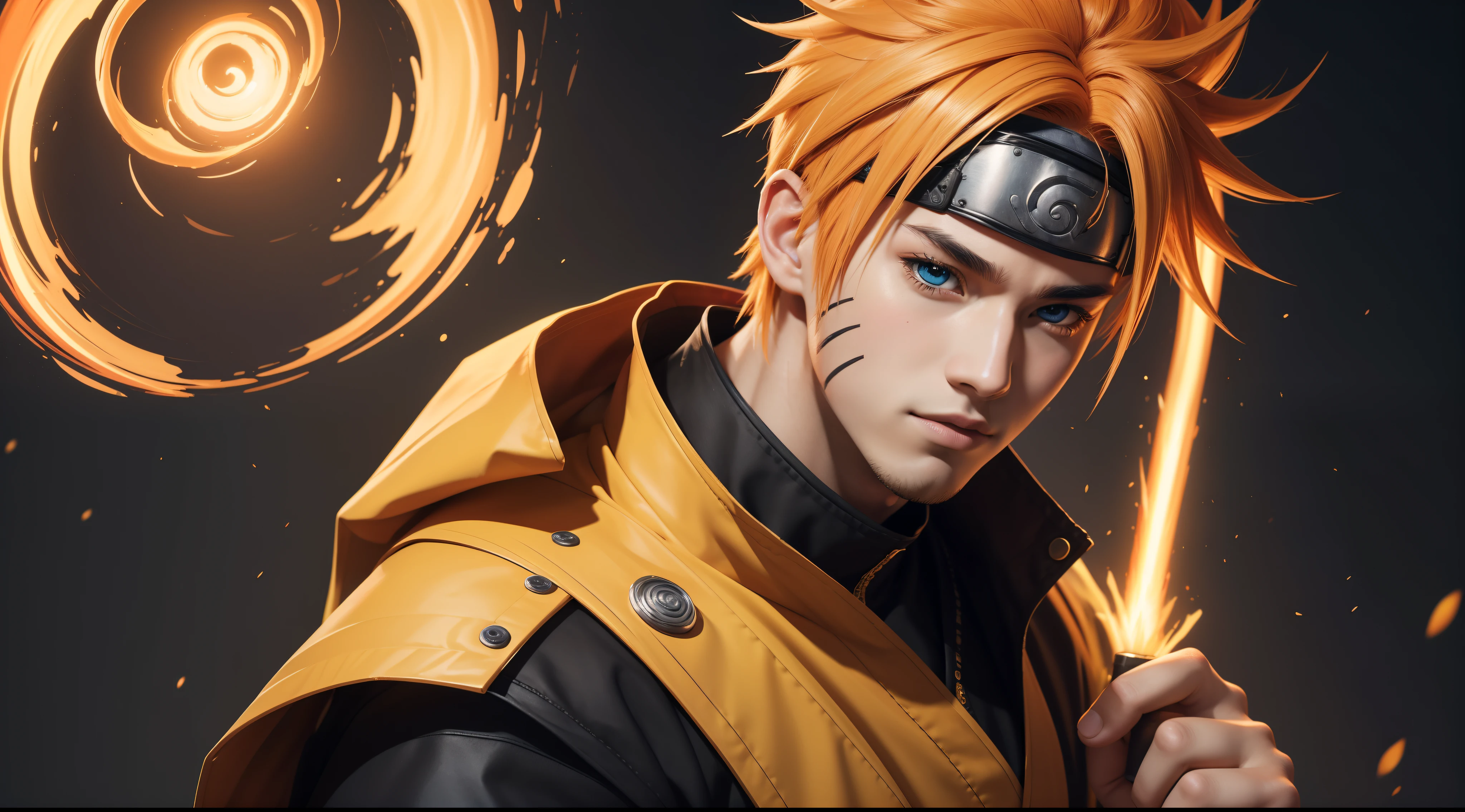 "Cheerful Naruto 20 years old is a real masterpiece with masculine beauty, perfect anatomy. Olpntng style, colorful rainbow, golden samurai outfit, clean design, epic Instagram, artstation, full streaks of paint, circles, contours. When you look at him Beautiful eyes you will clearly see every small detail and perfect line, every detail on the skin is beautiful in 8K quality everyone. We will be captivated by the confidence radiating from every look. His head has orange hair and his face is meticulously drawn in every detail with 8K image quality."