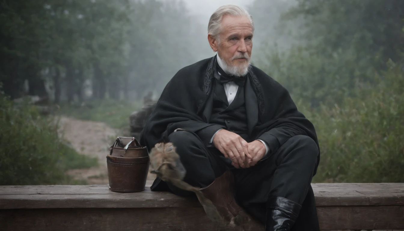 Old gentleman with a goatee,sit on chair,Eyes look at boots,Black high-gloss rain boots, 8K分辨率,Wallpaper masterpiece,Best quality,digitial painting,Highly meticulous,Ultra high quality