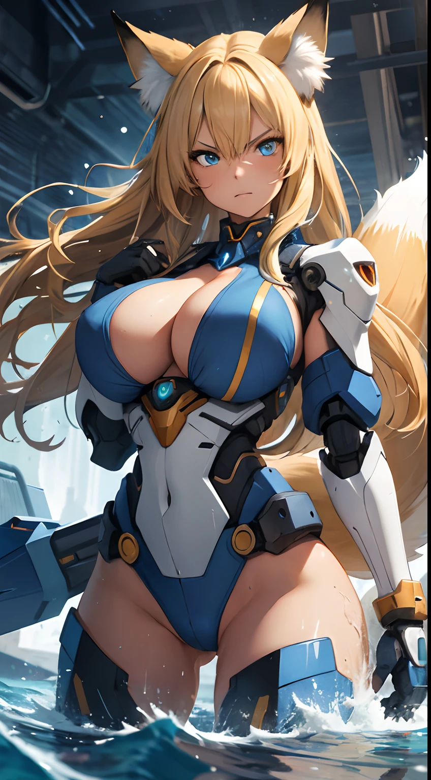 Girl, big boobs, blonde, long hair, blue, mecha arm, fox ear, nine mecha tails, angry, water splash, glowing water