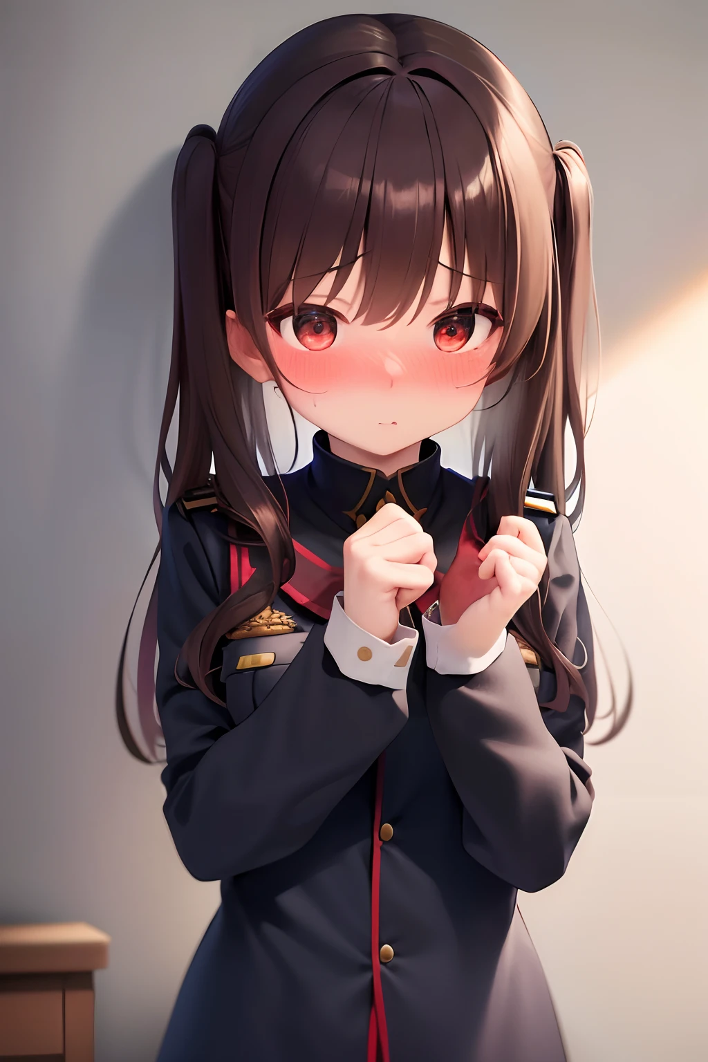 ​masterpiece, top-quality, hight resolution, 1girl in, Uniform that can be taken off, full of shyness, red blush, Cabedon, POV、Overlapping hands,suprised、cute little、Brown hair、Tied hair