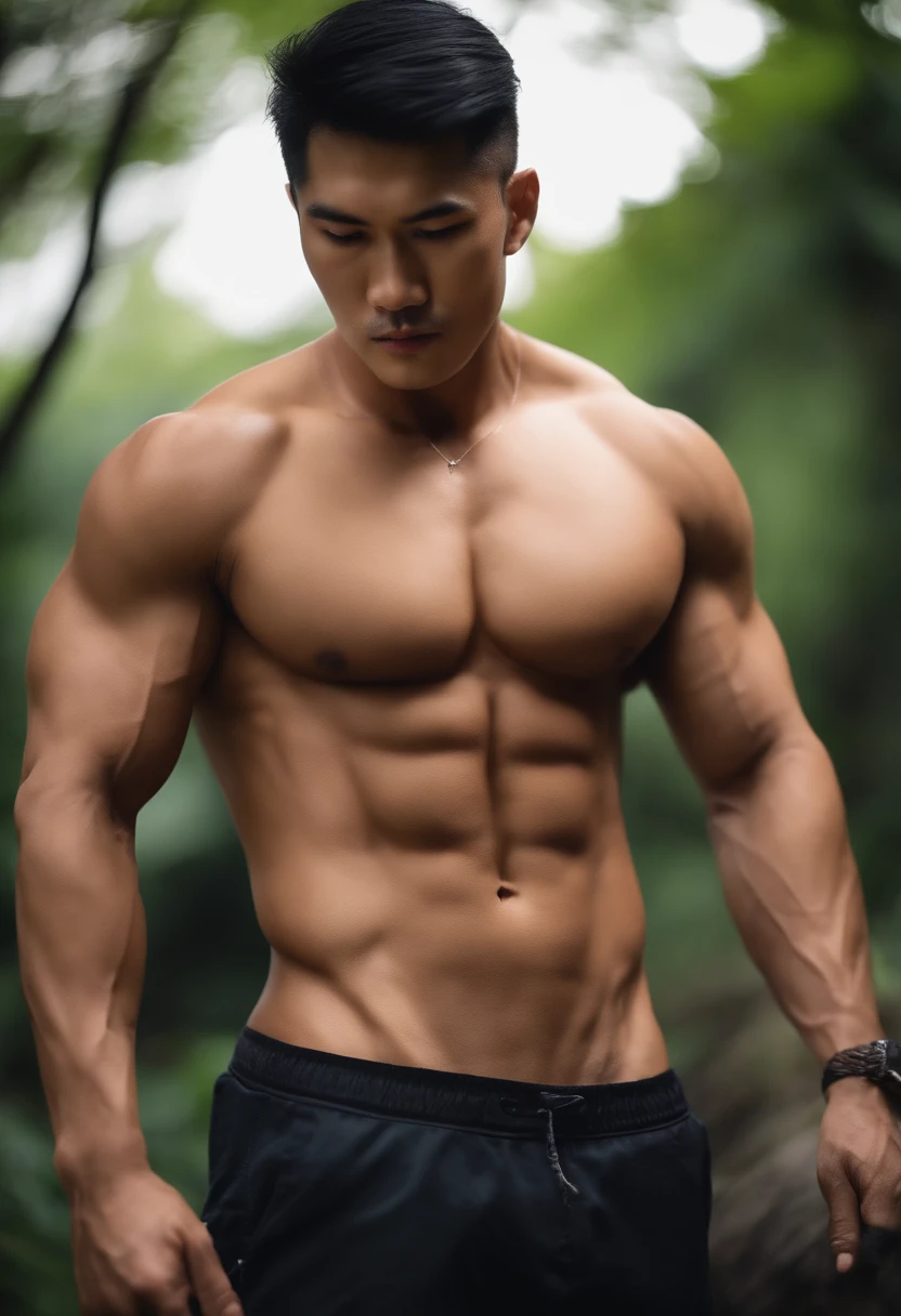 Nature,( a muscle man asian, show your big penis handsome) , a dog