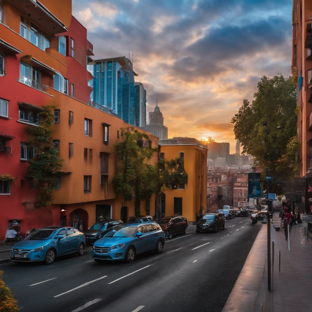 urban buildings，People are looking at the sky，in a panoramic view，（plethora of colors，Best quality，high detal，tmasterpiece，cinmatic lighting，4K，Chiaroscuro）