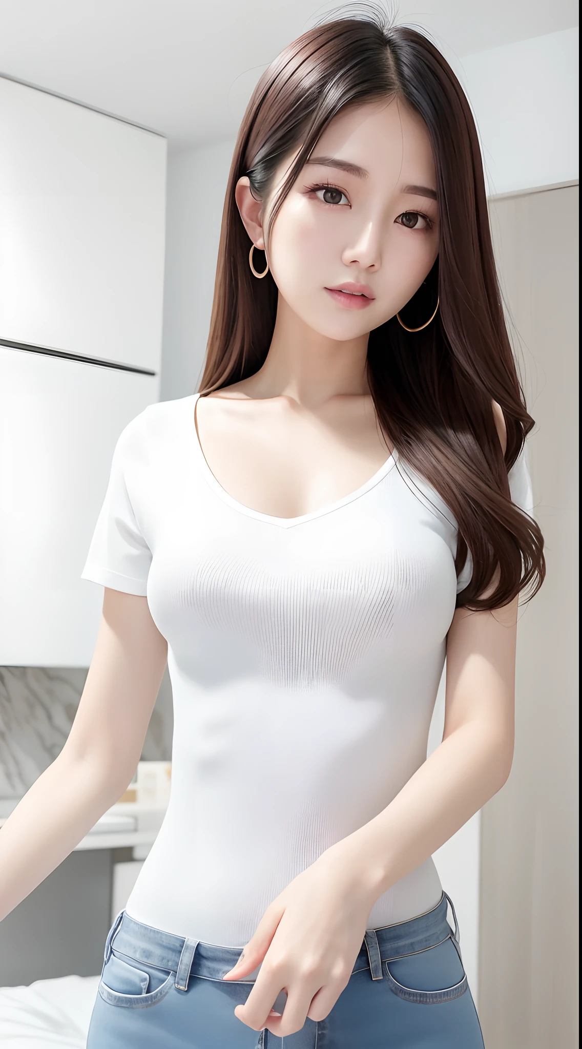 Woman in white top and jeans poses for photo, Gorgeous young Korean woman, beautiful Korean women, Beautiful young Korean woman, Korean Girl, Beautiful Asian Girl, Korean Woman, Asian Girl, attractive girl, Good young girl, Beautiful Asian Woman, jaeyeon nam, Photo of slim girl, Smooth white tight clothes suit, Choi Hong Hwa