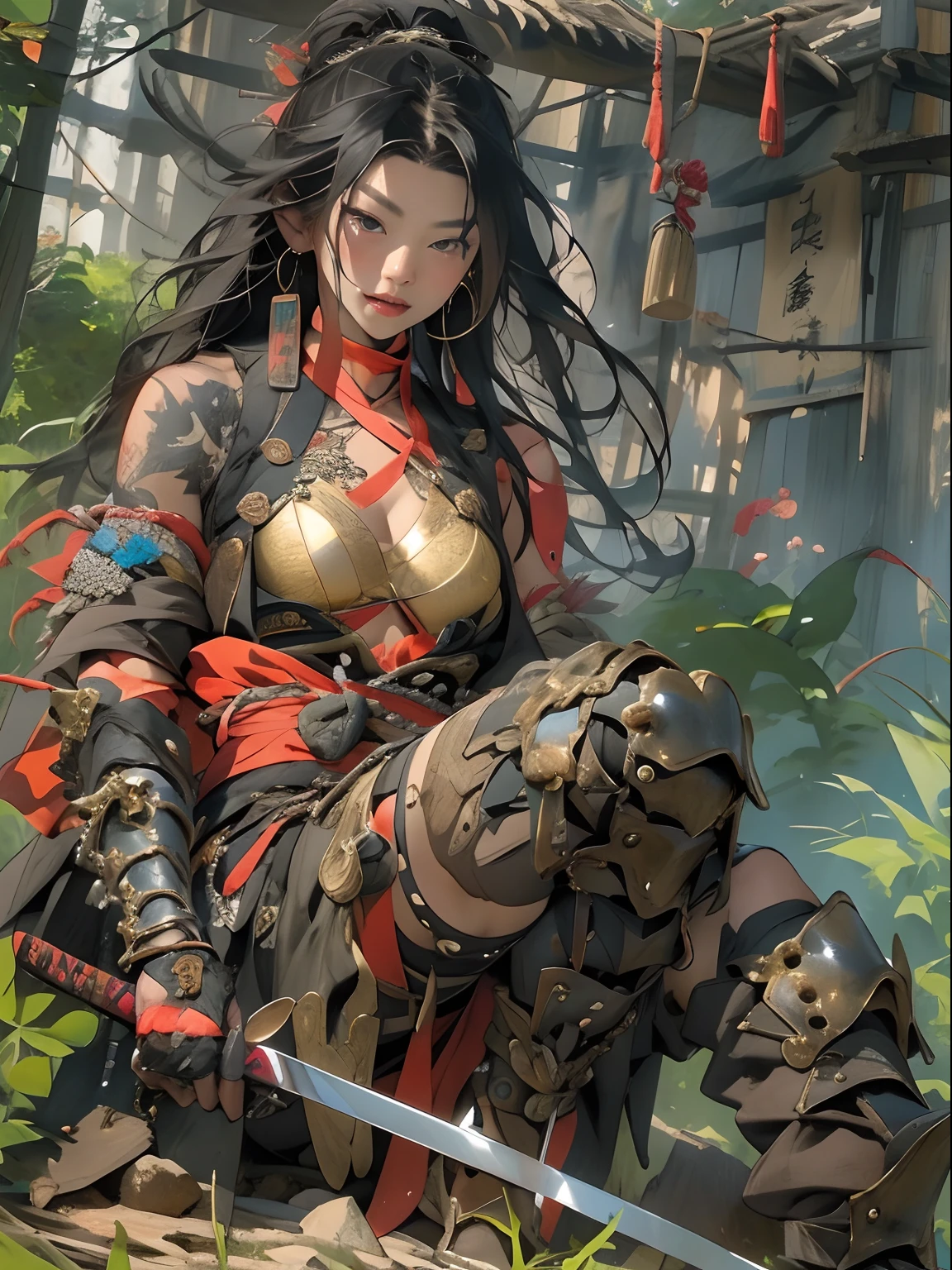 (((woman))), (((best qualityer))), (((tmasterpiece))), (((AS-Adult))), ((( Japanese ))), Look up from your knees, A beautiful asian samurai woman with perfect body, Modern samurai, ((( Asian))), Wear gloves on your hands,The left arm is made of steel and metal tips,Made of protective devices, The eyes are pulled, (( Appears below the breast )), (( Small dental floss )), Simon Bisley, Almost naked(Simon Bisley)Castle City Wilderness,For high-resolution posters, hair straight, Minimum clothing, armure (Crazy clothes ), Full of tips and rivets, tribal tattoos, (((full bodyesbian))), Straight brunette hair,Colored hair ends