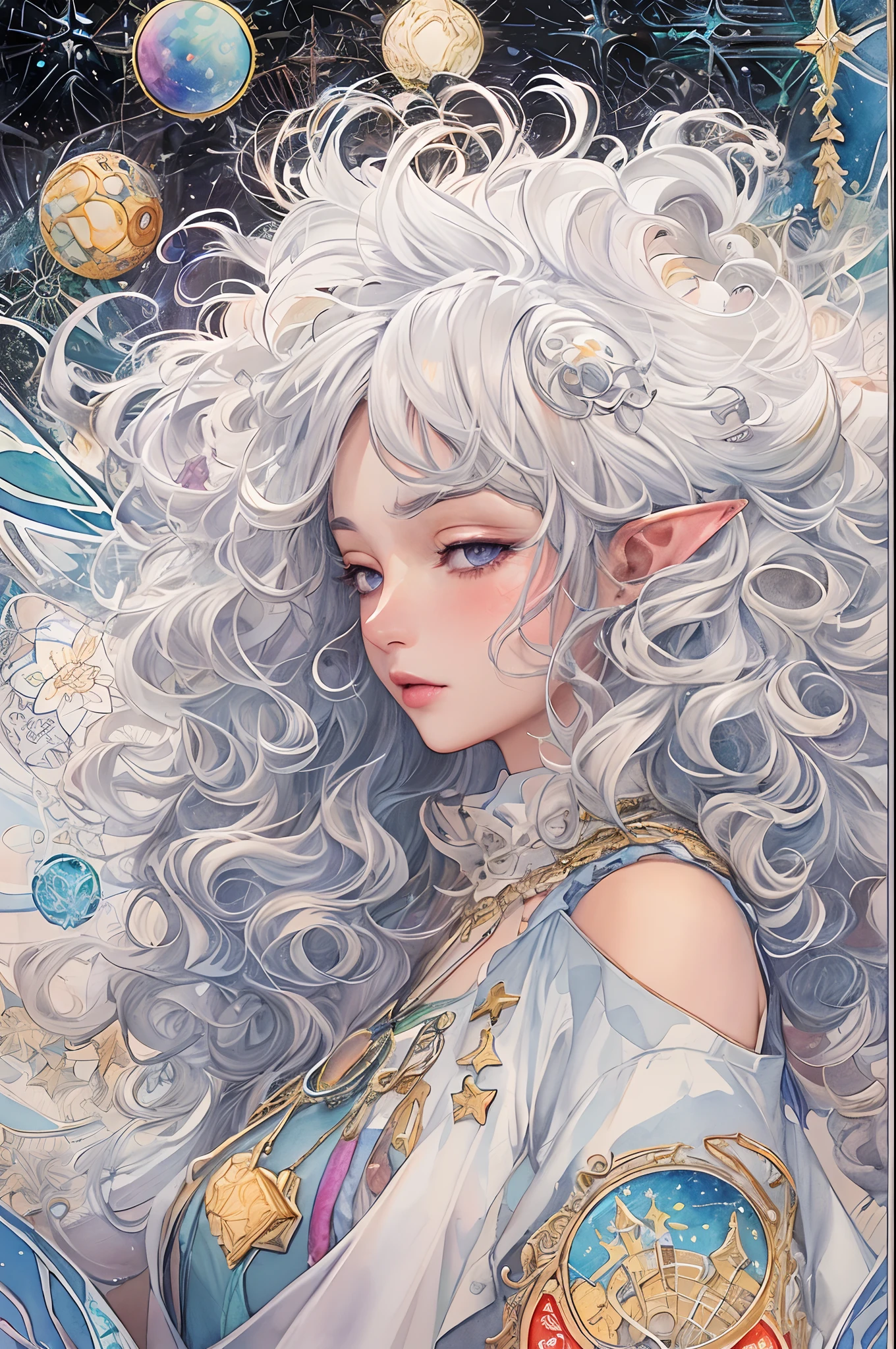 (tmasterpiece、top-quality、top-quality、watercolor paiting(curly)、offcial art、aestheticly pleasing:1.2)、(1girl in:1.3)、(Fractal art:1.3)、The upper part of the body、From the side Side、looking at viewert、patterns、(colorfulhair、Half-blonde,Half of the hair is silver:1.2)、Eau、liquids、clouds、Extremely colorful、starrysky、stone monument、tarot cards,the elf,lipsticks,Ruddy complexion,Purple eye,