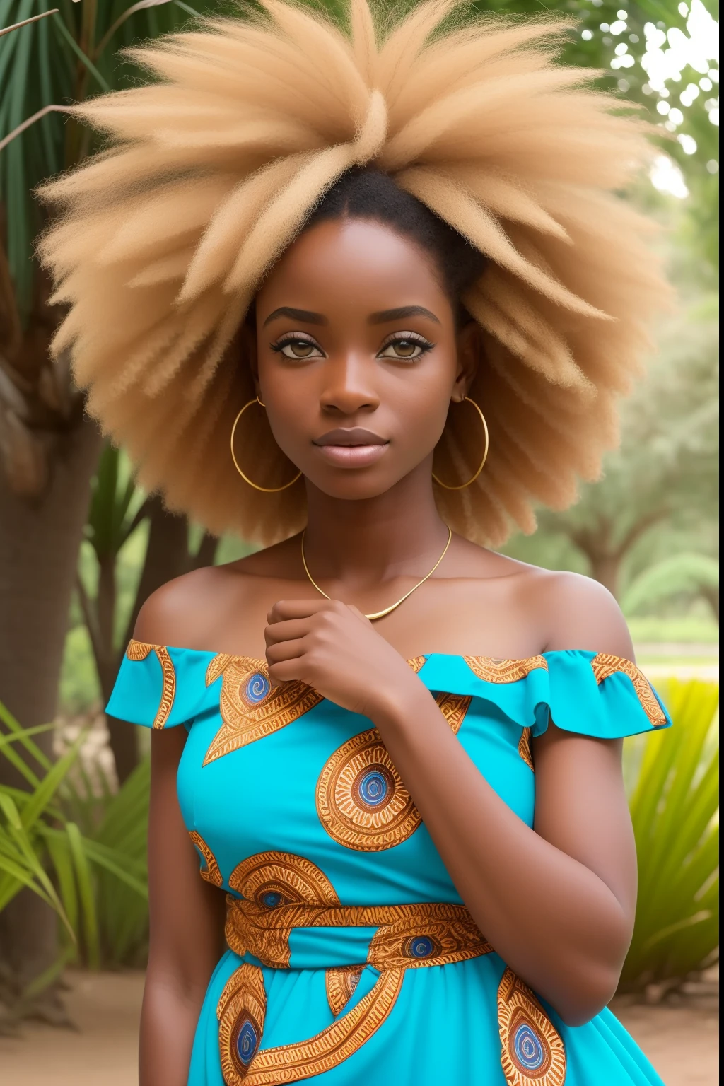 uma menina africana africana pele marrom escura:2, olhos verdes cintilantes:2, pose pra foto, Paris:5, parque, mega hair cabelos longos4, flores, imagem intrigante cores vividas, vestido florido, sapatos brancos, Sharp image, rosto de modelo, 8k, imagem profissional, iso100, lago, blue skies, moda atual