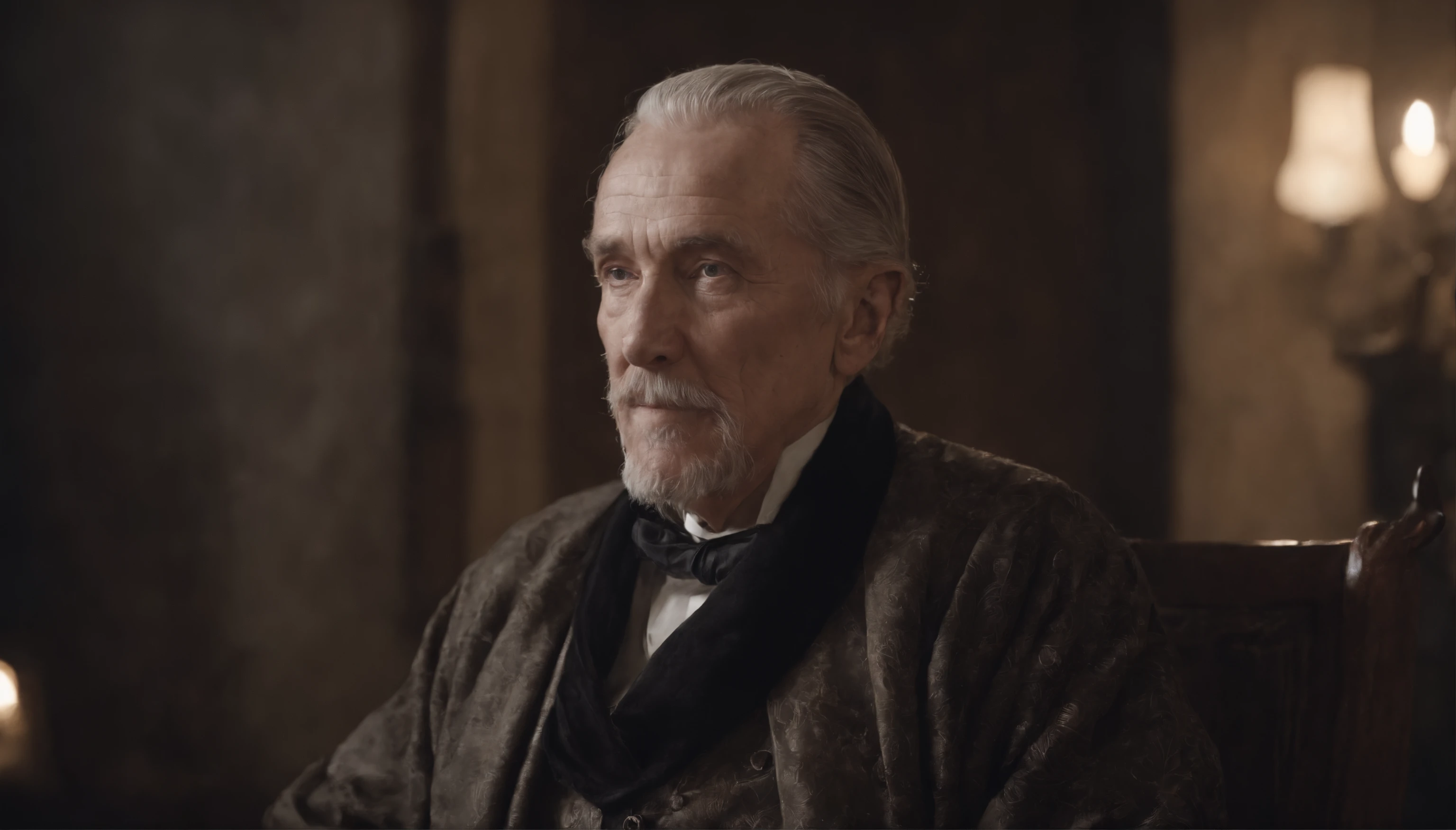 Old gentleman with a goatee，sit on chair，Eyes look at boots，Black high-gloss rain boots, 8K分辨率,Wallpaper masterpiece，Best quality，digitial painting，Highly meticulous，Ultra high quality