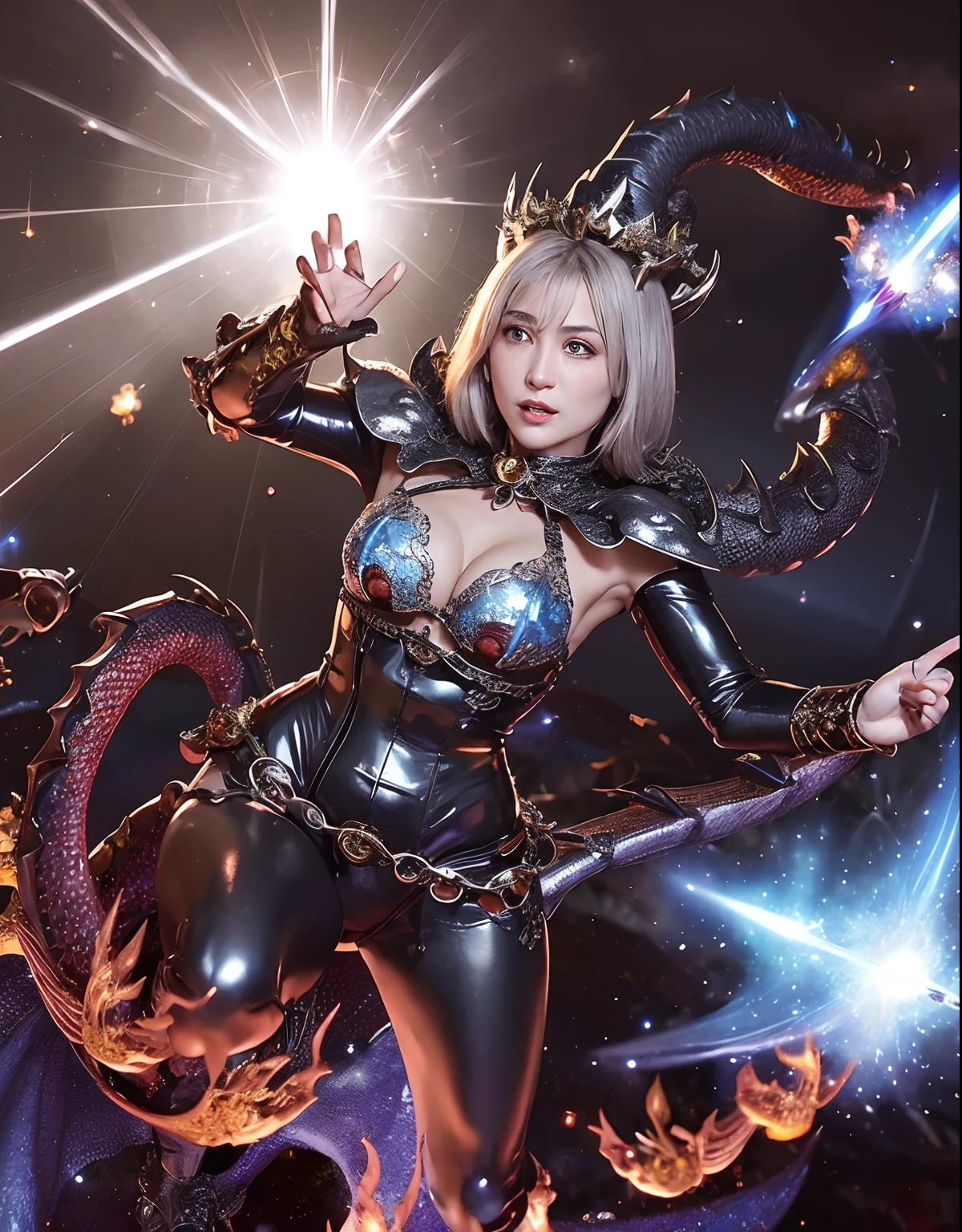 ((World of Darkness)),Professional , masterpiece、top-quality、photos realistic , depth of fields 、(((With a magic wand of gems))),(Dragon White Metal Body:1.9),(latexsilver-blue、(cleavage of the breast)(Fight dragons)、、(((Particles of light))),(Micro Bikini Armor:1.7),Gorgeous gold weapons ,(Fight dragons)、Seductive look、(blood splattere、((((With a magic wand))), ) , (((Wearing a black latex wizard hat))),(demonic wings) ,((a blond))、(Castle background)、((Gangle's forest background))、Beautiful Caucasian beauty、1a person、dynamic ungle,(((Detailed and ornate dragon wizard hat)))、Smaller head、A smile、Castle background、Thin and beautiful female hands、cleavage of the breast、Soldier in iron armor on background、Mystical expression、Light Effects、intense fighting、Wind-effect、magic circles、With the legendary magic wand、Dragon's tail、explosions、Toostock、Toostock、
