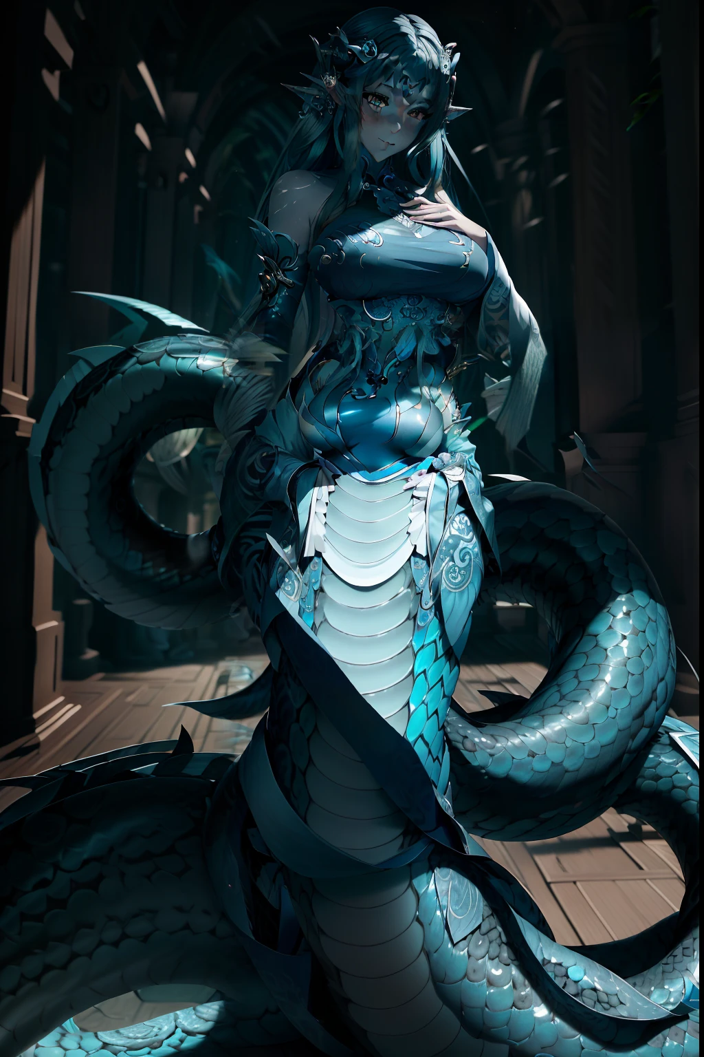 (best quality,8k,highres,masterpiece:1.2),ultra-detailed,realistic,anime,close up of a woman with blue hair,fine details,lamia,anime goddess,anime monster girl,full body xianxia,fus rei,rimuru tempest,blue-haired beauty with mesmerizing eyes and delicate features,graceful and alluring lamia with serpent-like lower body and hypnotic gaze,radiant anime goddess imbued with divine power and ethereal aura,meticulously crafted anime monster girl with unique and captivating appearance,full body depiction showcasing the intricate details of the character's outfit, accessories, and expression,8k high quality art with lifelike textures and vibrant colors,exquisite shading and highlight to bring out the depth and dimension of the character,impressive art style inspired by xianxia genre,delivering a sense of grandeur and mystical charm,meticulously designed fus rei to enhance the character's visual appeal and aura,powerful and wise Rimuru Tempest in a captivating moment,creating a stunning representation of the character's personality and powers
