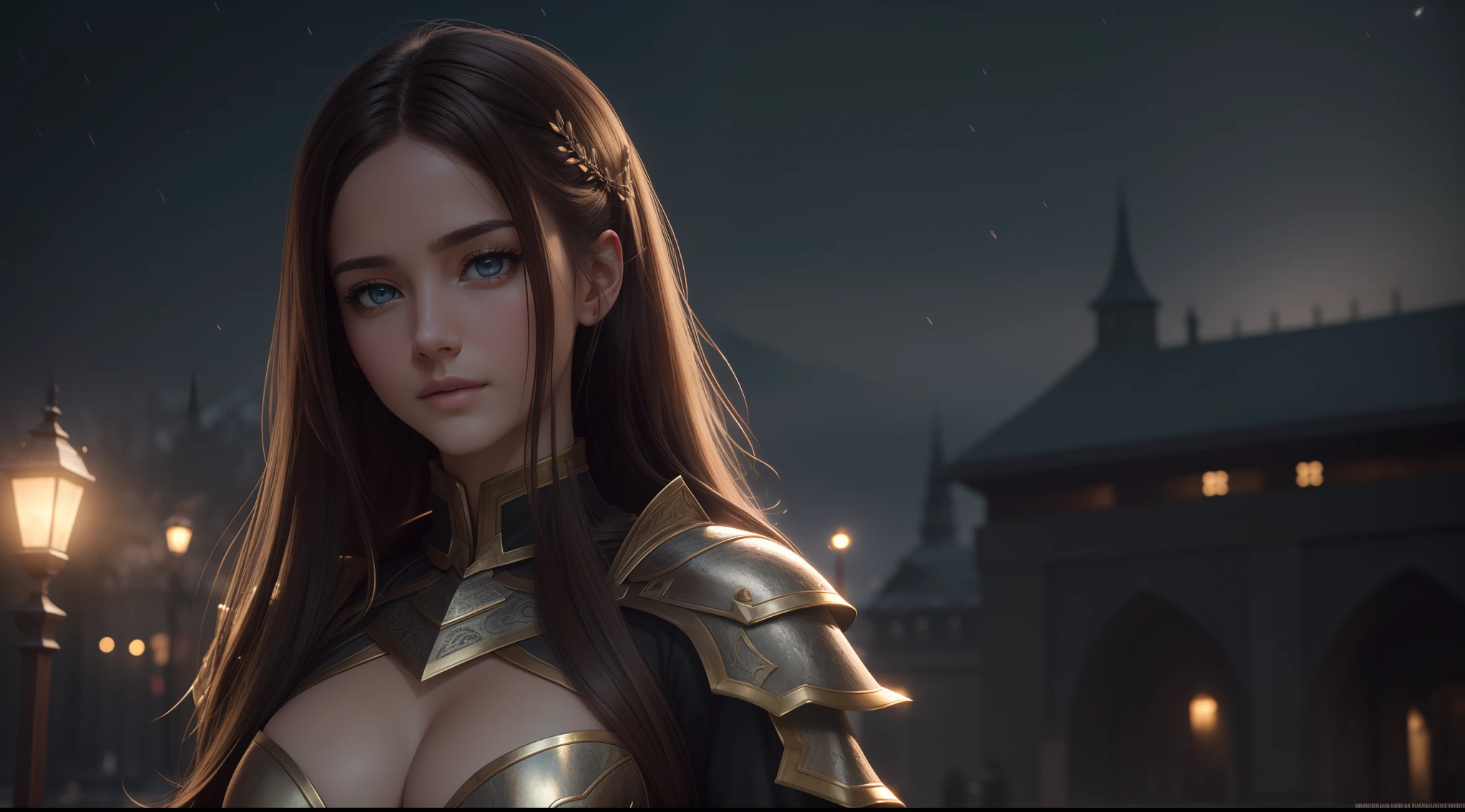 Realistic lighting, Top Quority, 8K Resolution, (masterpiece: 1.3), (Clear focus: 1.2),1 Girl, delicate face, big double eyelids, Sexy expression, Body perfect anatomy, (perfect body: 1.6), (large chest 1.7), long and dark brown hair, (best chest: 1.8), armor, long knife, magia, exterior, (night: 1.1 ),1080p, hyper HD, textureskin, super detailed, best quality, high detail, highest quality.