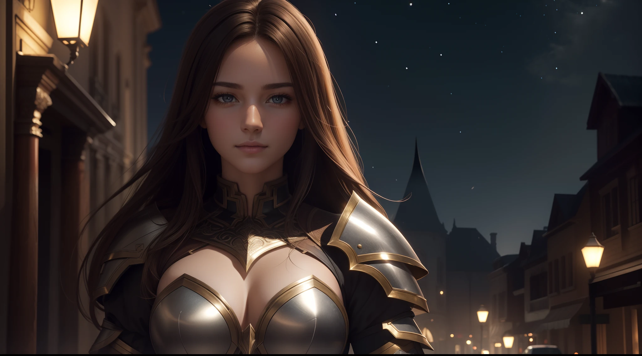 Realistic lighting, Top Quority, 8K Resolution, (masterpiece: 1.3), (Clear focus: 1.2),1 Girl, delicate face, big double eyelids, Sexy expression, Body perfect anatomy, (perfect body: 1.6), (large chest 1.7), long and dark brown hair, (best chest: 1.8), armor, long knife, magia, exterior, (night: 1.1 ),1080p, hyper HD, textureskin, super detailed, best quality, high detail, highest quality.