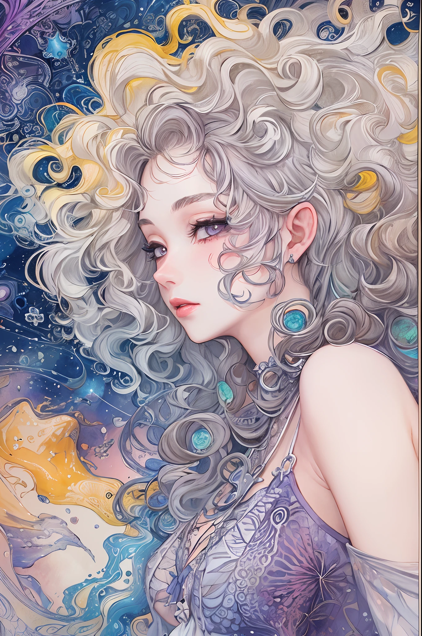 (tmasterpiece、top-quality、top-quality、watercolor paiting(curly)、offcial art、aestheticly pleasing:1.2)、(1girl in:1.3)、(Fractal art:1.3)、The upper part of the body、From the side Side、looking at viewert、patterns、(colorfulhair、Half-blonde,Half of the hair is silver:1.2)、Eau、liquids、clouds、Extremely colorful、starrysky、stone monument、tarot cards,the elf,lipsticks,Ruddy complexion,Purple eye,Sexy and charming,