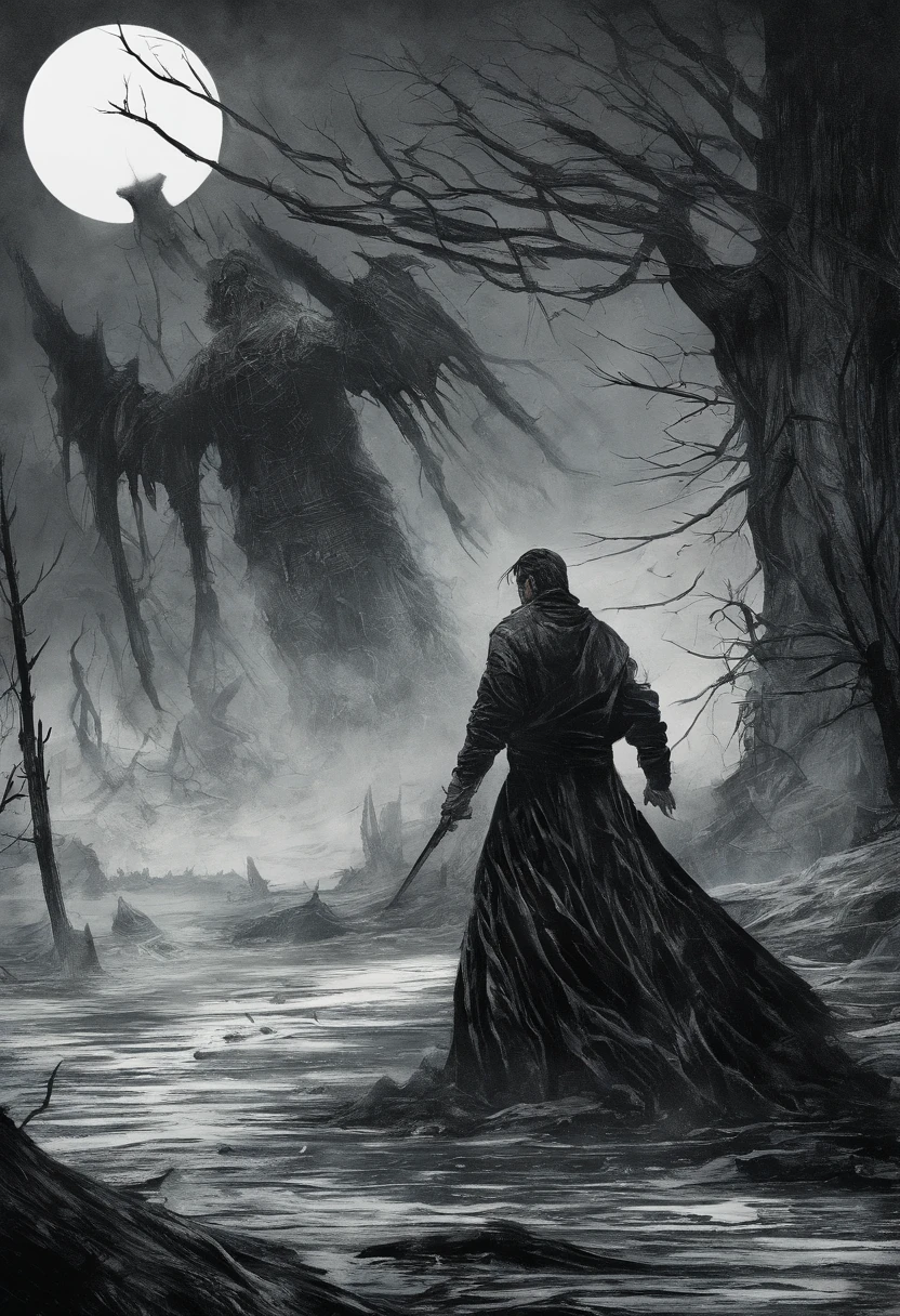 Blood Sea style(Fidelity,Fidelity:1.4),a pregirl,Solo,Red eyes,Purple hair,are standing,In the forest,leaning down,Reached(angry look:1.4),gritting teeth,white shirt,collared shir,black necktie,Black pants,longer sleeves,Black coat,Expose the collarbone,Behind you are the flames and the ruins of the Red Sea