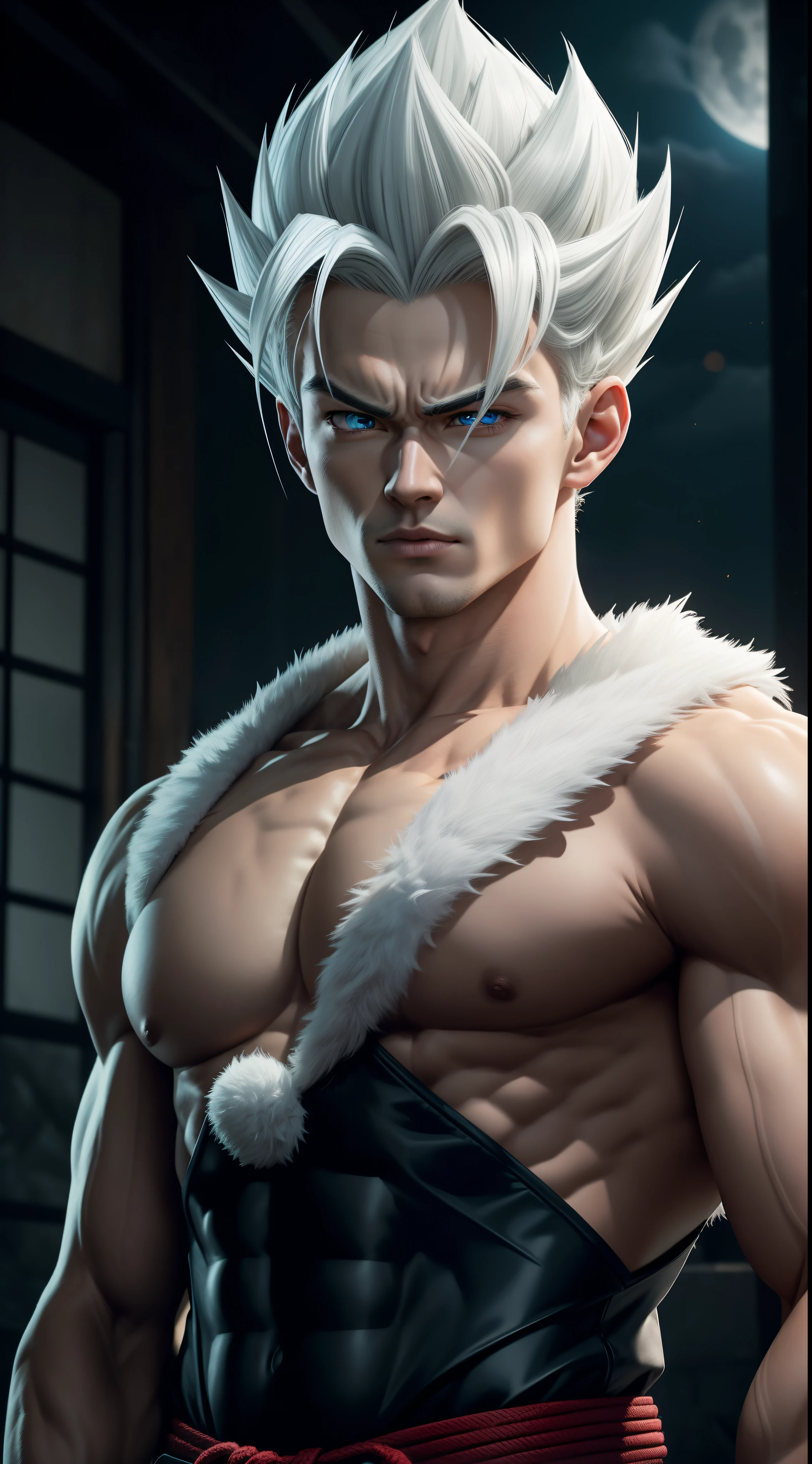 A true masterpiece of masculine beauty. gohan, super sayagin 5, 20 years old, Wears a martial arts outfit and fights in a haunted and abandoned city, solo. Moonlight accentuates muscles just right. The landscape is lush and mysterious, with a dark city. The camera details everything. When looking at beautiful eyes, attractive blue eyes facing the viewer, one can clearly see every small detail, every perfect line, every detail of beautiful 8K quality skin, everyone is captivated by the beauty. Confidence radiates from every look. His head has white hair and his face is meticulously detailed in 8K quality images. Is a character in the Dragon Ball Seven series.