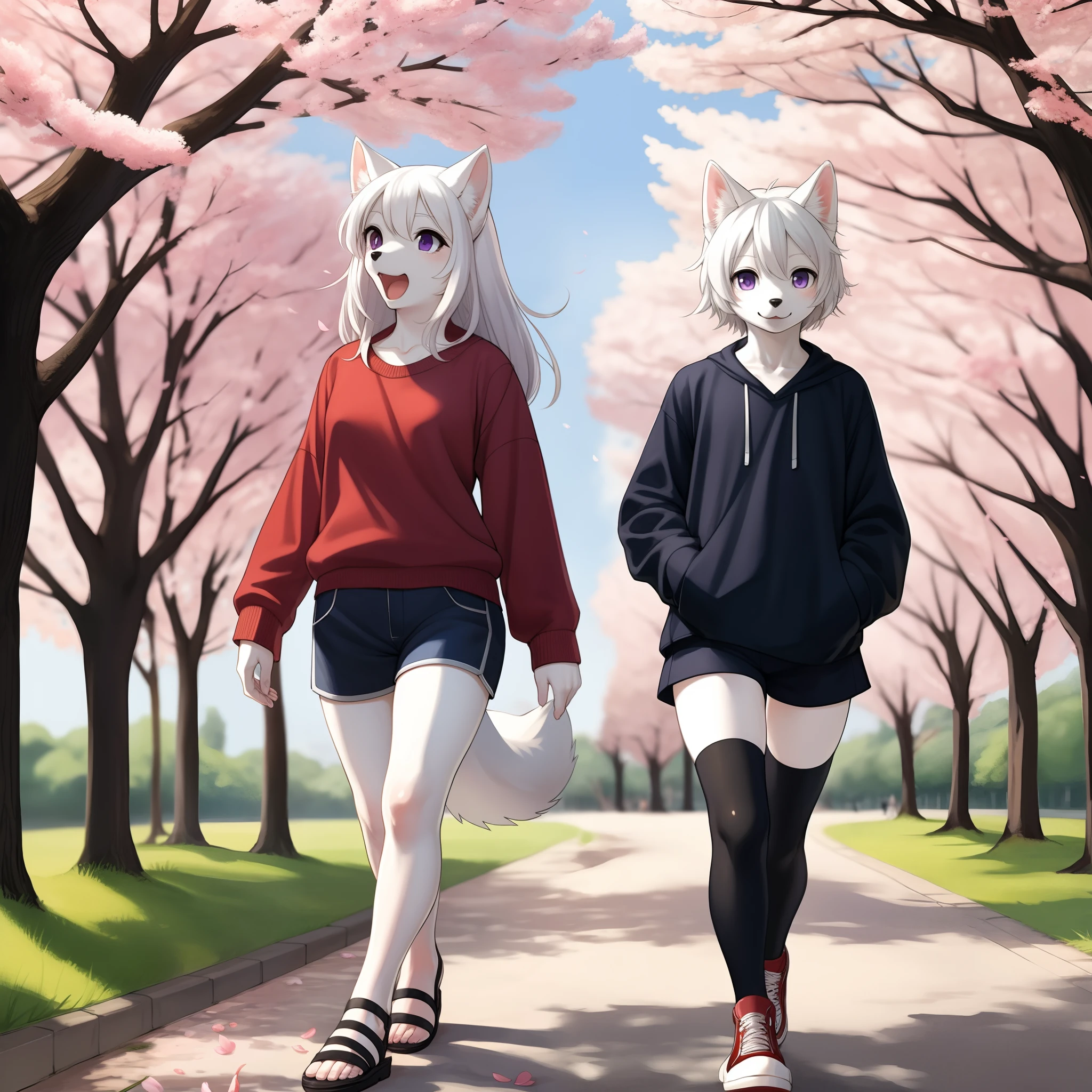 By kikurage, by gudlmok99, solo, an all white anthro furry wolf girl, black nose, white wolf tail, long white hair, purple eyes, highly detailed, black shirt, black tight short shorts,  medium breasts, walking in a park, cherry blossom trees in background, pink petals floating in the wind, black sandals, mouth open, blend in with image