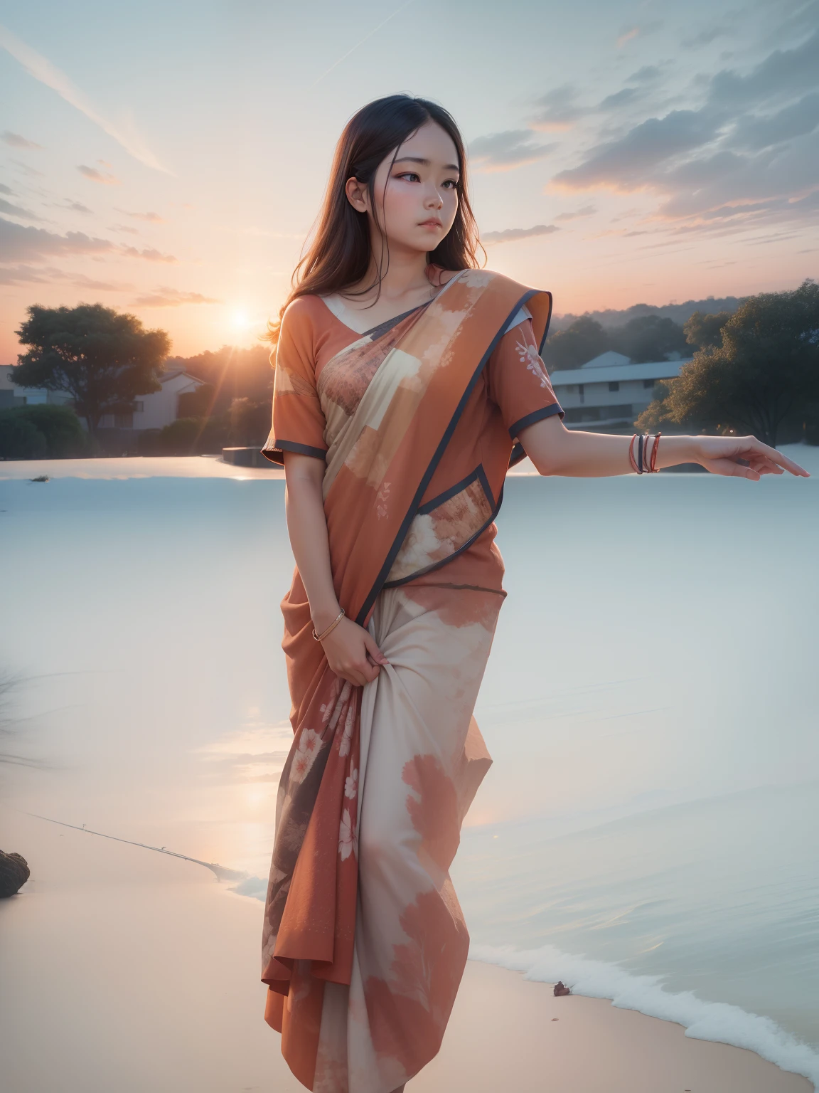 Real face ,nochange in face, sunrise in background,add tree
