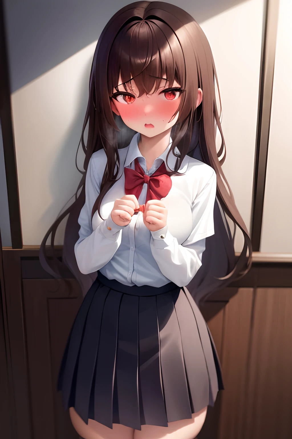 ​masterpiece, top-quality, hight resolution, 1girl in,ripped school uniform, full of shyness, red blush, Cabedon, POV、Overlapping hands,suprised、cute little、Brown hair、Tied hair