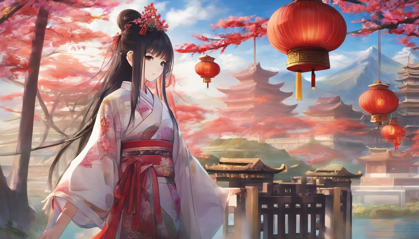 China-style，Tang dynasty baby girl，Hanfu，Cute and cute，A ball head，Take a bunch of sugar gourds，The lively streets of Chang'an，eery，Full body like，Detailed and accurate，depth of fields，8K,A high resolution,tmasterpiece,Beautiful wallpapers,high qulity,high detal,s the perfect face,offcial art,blur backgroun, --Niji 5 --Q 2