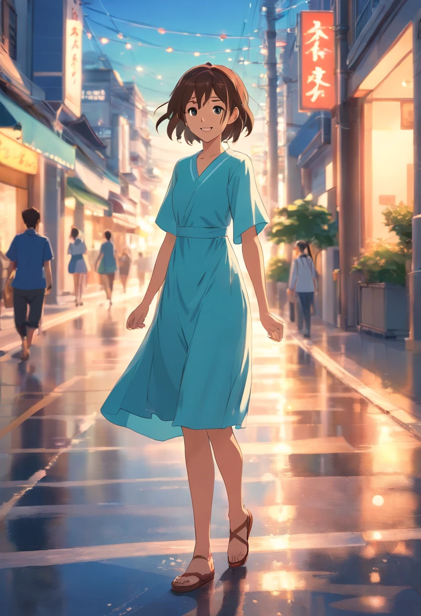 a young mature girl waving while walking with dress in the side of the street, add effect light flash from a side and with warm condition, and a cute smiling face
