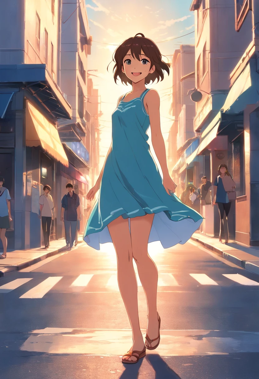 a young mature girl waving while walking with dress in the side of the street, add effect light flash from a side and with warm condition, and a cute smiling face