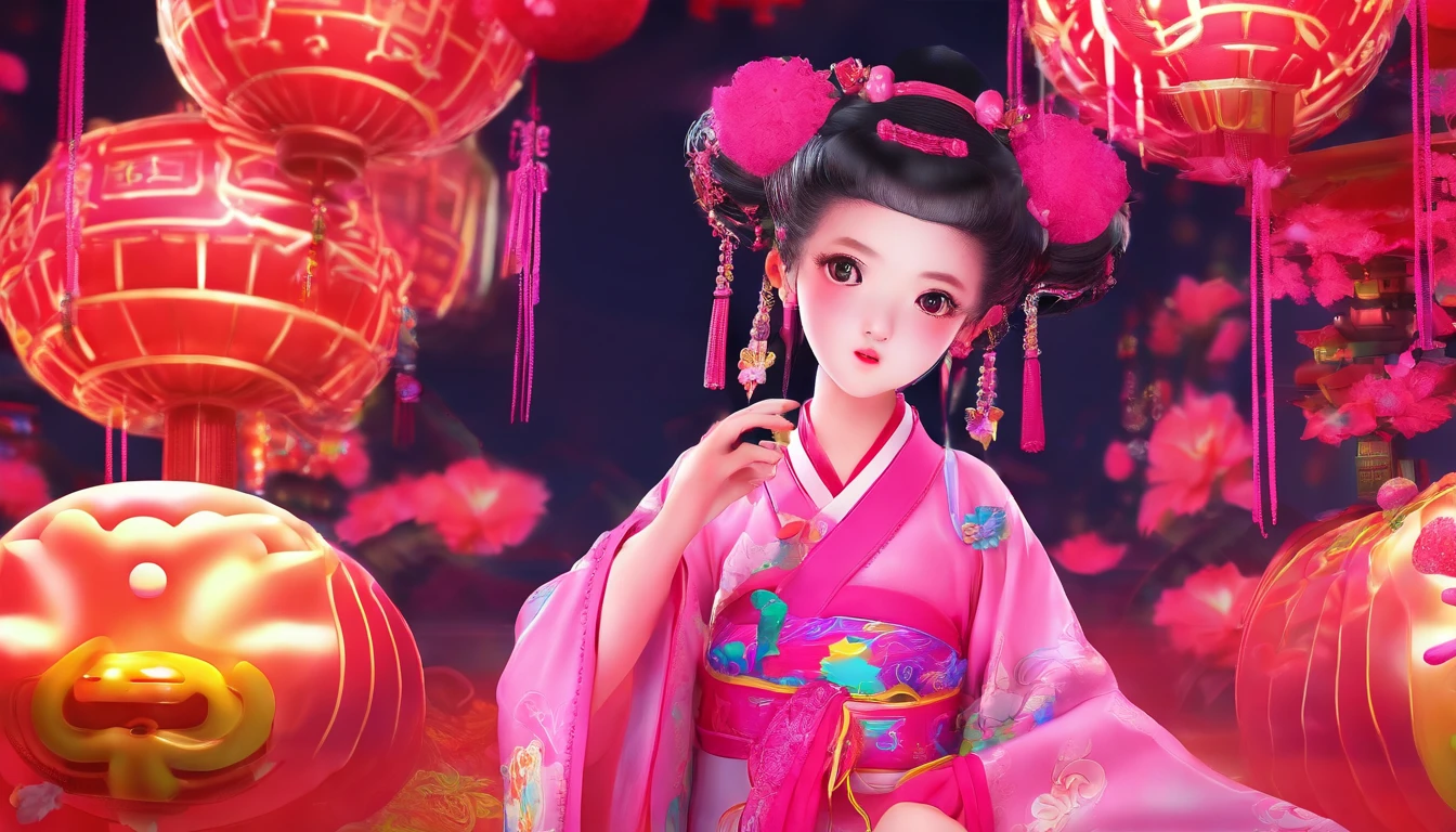 China-style，Tang dynasty  girl，Hanfu，Cute and cute，A ball head，Take a bunch of sugar gourds，The lively streets of Chang'an，eery，Full body like，Detailed and accurate，depth of fields，8K,A high resolution,tmasterpiece,Beautiful wallpapers,high qulity,high detal,s the perfect face,offcial art,blur backgroun, --Niji 5 --Q 2