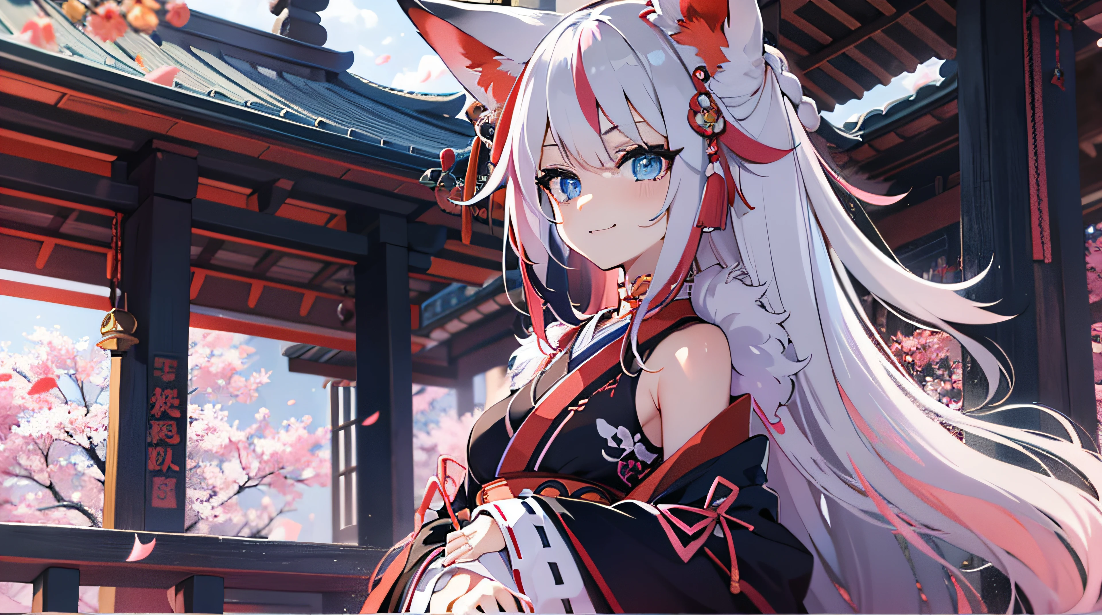 1 small foxgirl, small breasts, long white hair pink highlights, blue eyes, wearing black and red miko dress, fluffy white tail, smug expression japanese shrine, high res, ultrasharp, anime art wallpaper 4k, masterpiece, looking at viewer