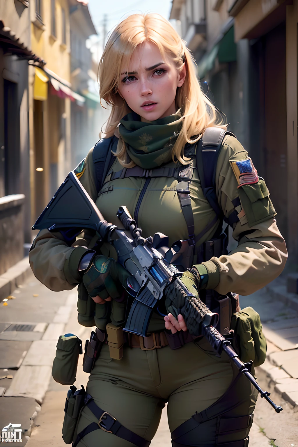 ((mejor calidad)), ((obra maestra)), (detallado),mujer rubia hermosa, soldado, counter strike global offensive, ((disparando))en medio de una guerra, de rodillas, gritando. Entre soldados