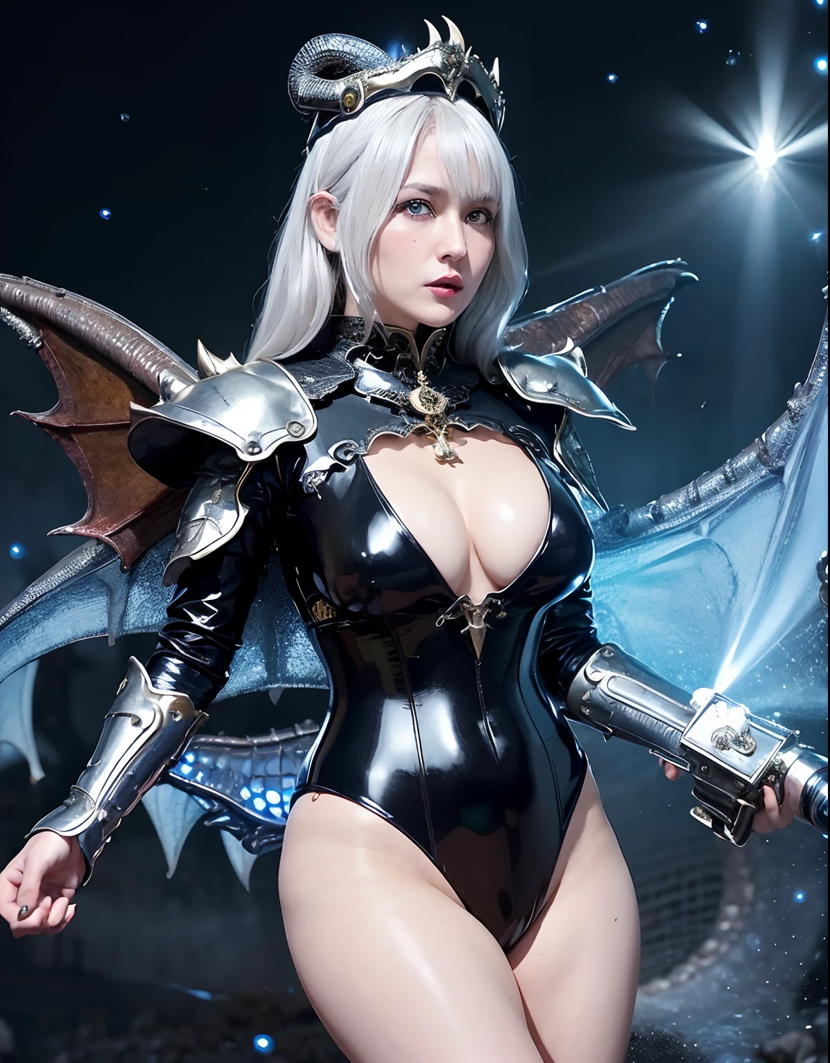 ((World of Darkness)),Professional , ​masterpiece、top-quality、photos realistic , depth of fields 、(((With a magic wand of gems))),（Dragon White Metal Body:1.9),(latexsilver-blue、（cleavage of the breast）（Fight dragons）、、(((Particles of light))),（Micro Bikini Armor:1.7),Gorgeous gold weapons ,（Fight dragons）、Seductive look、（blood splattere、（(((With a magic wand))), ） , (((Wearing a black latex wizard hat))),（demonic wings）   ,（（a blond））、（Castle background）、（（Gangle's forest background））、Beautiful Caucasian beauty、１a person、dynamic ungle,(((Detailed and ornate dragon wizard hat)))、Smaller head、A smile、Castle background、Thin and beautiful female hands、cleavage of the breast、Soldier in iron armor on background、Mystical expression、Light Effects、intense fighting、Wind-effect、magic circles、With the legendary magic wand、Dragon's tail、explosions、Toostock、Toostock、