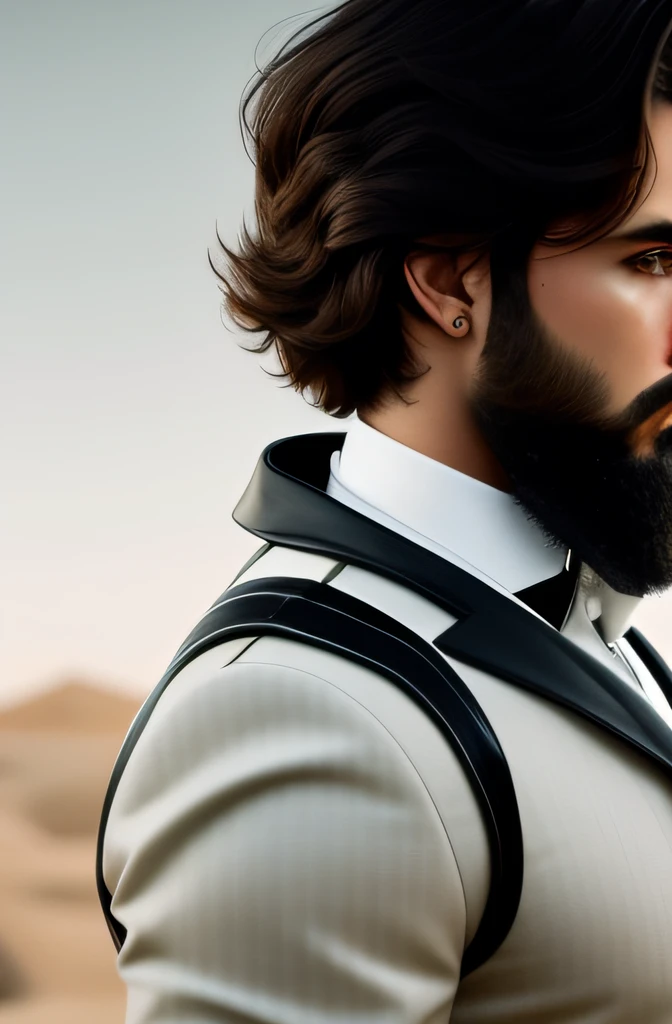 alterar plano de fundo , Rosto realista, 8k face ultra realista, barba curta , cabelo elegante, cinematic look. Don't change your face, Pintura realista, usando panos elegantes.