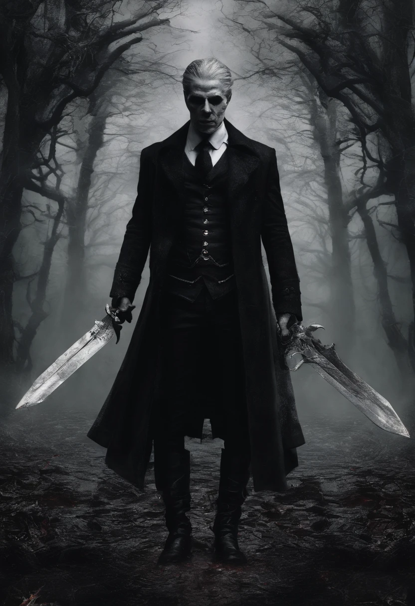 Blood Sea style（Fidelity，Fidelity：1.4），a pregirl，Solo，Red eyes，Purple hair，are standing，In the forest，leaning down，Reached（angry look：1.4），gritting teeth，white  shirt，collared shir，black necktie，Black pants，longer sleeves，Black coat，Expose the collarbone，Behind you are the flames and the ruins of the Red Sea