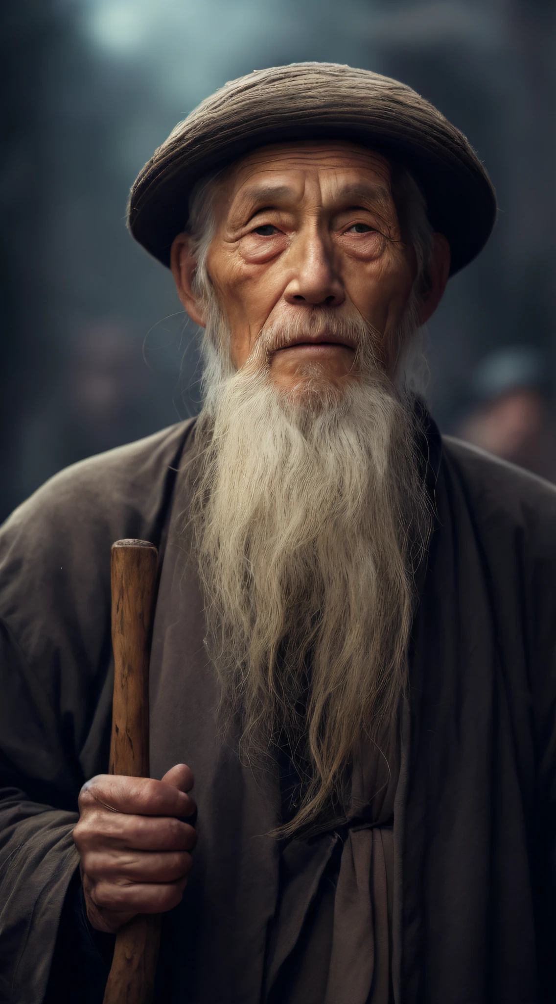 with a long beard,An Arafeld man wearing a hat with a stick, An old man, old man portrait, sharp looking portrait, peaceful expression, Wise old man, stunning portrait, Beautiful portrait, old man, portrait photo of an old man, a old man, Serene expression, portrait of monk, of an old man, Portrait of an old man, Perfectly centered portrait