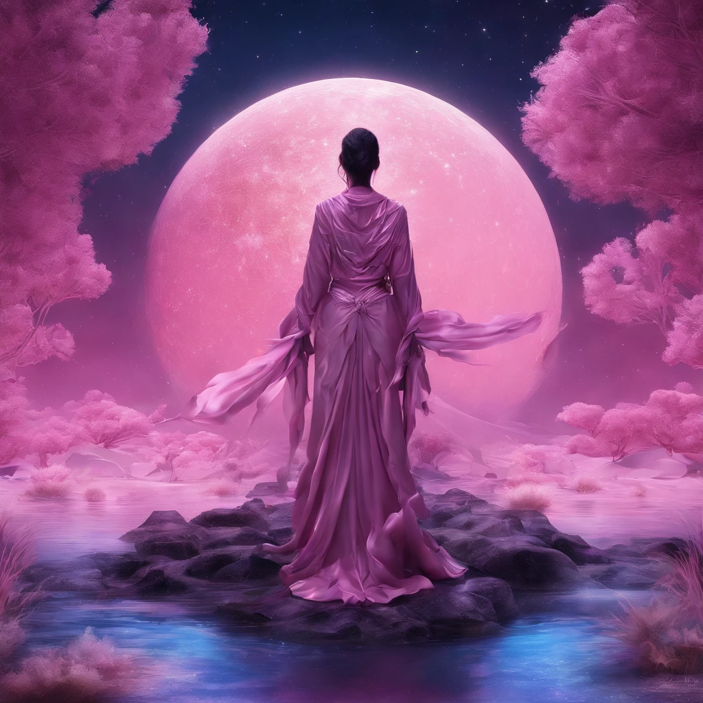 A distant cosmic being, Standing in a pink robe, abaixo de um portal em forma de U invertido. The female cosmic being with SWORD on the watery ground in one hand and a LANTERN in the other hand, de frente para o portal e de volta para a tela, contra um fundo de violeta negra, azul, e roxo, A sky full of stars, com um grande, Lua Cheia Brilhante. symbol of justice