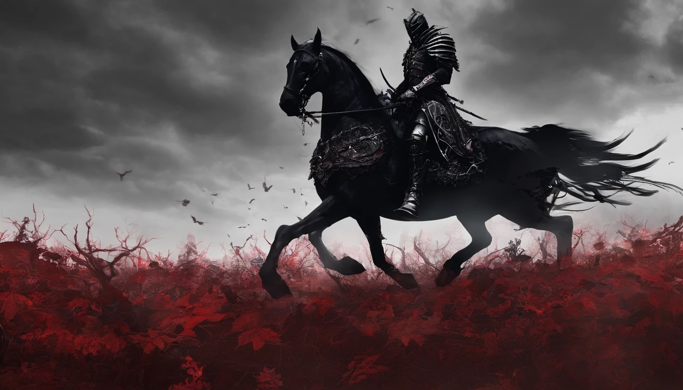 Undead Terror Knight,Riding a zombie horse with black and red eyes,The background is pitch black wilderness,There were several dried corpses hanging from a dead tree,4K,best qualtiy,primitive,((Ultra-detailed and high-precision details))
