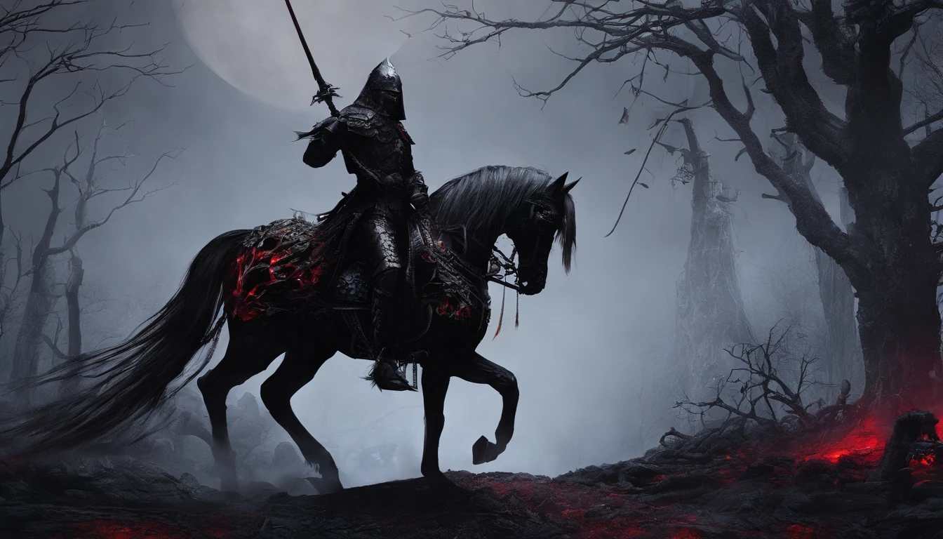 Undead Terror Knight,Riding a zombie horse with black and red eyes,The background is pitch black wilderness,There were several dried corpses hanging from a dead tree,4K,best qualtiy,primitive,((Ultra-detailed and high-precision details))