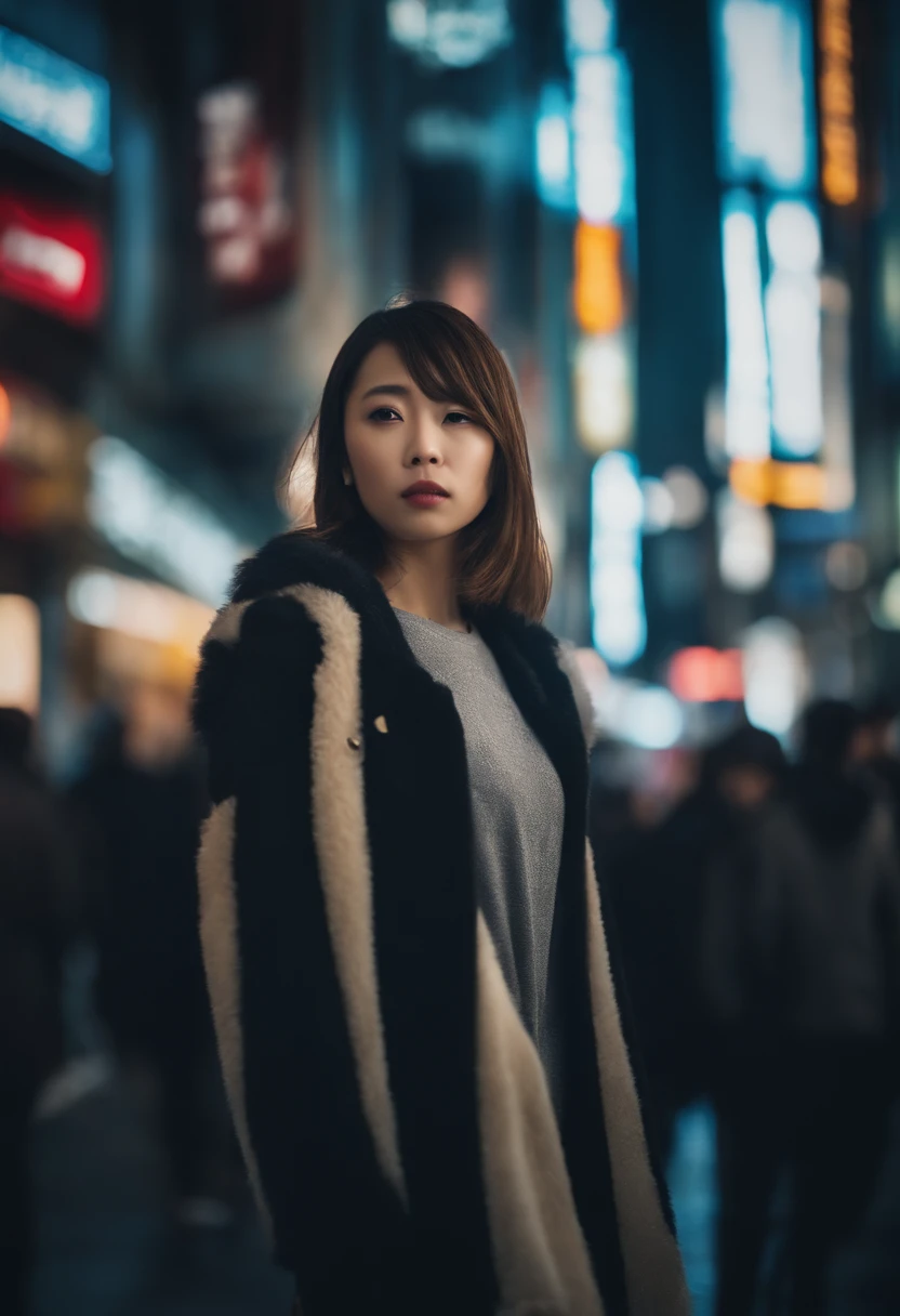 A woman standing in a crowded city street at night - SeaArt AI