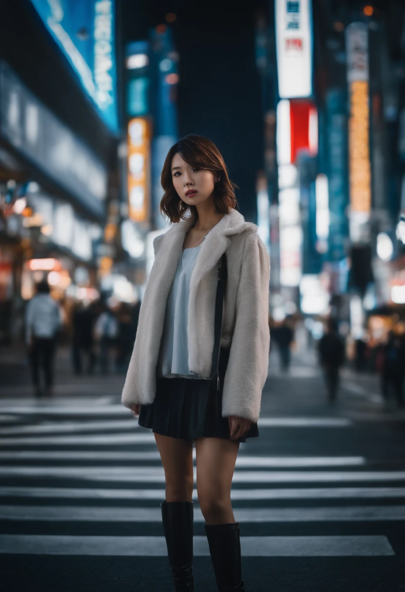 a girl is standing on shibuya load, cyber fashion, photoreal, hyper real, high contrast, cinematic