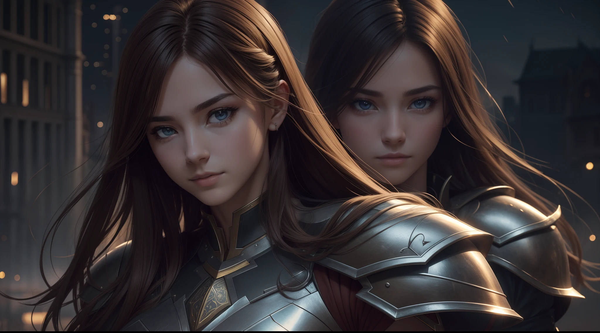 Realistic lighting, Top Quority, 8K Resolution, (masterpiece: 1.3), (Clear focus: 1.2),1 Girl, delicate face, big double eyelids, Sexy expression, Body perfect ???????, (perfect body: 1.6), (large chest 1.7), long and dark brown hair, (best chest: 1.8), armor, long knife, magia, exterior, (night: 1.1 ),1080p, hyper HD, textureskin, super detailed, best quality, high detail, highest quality.