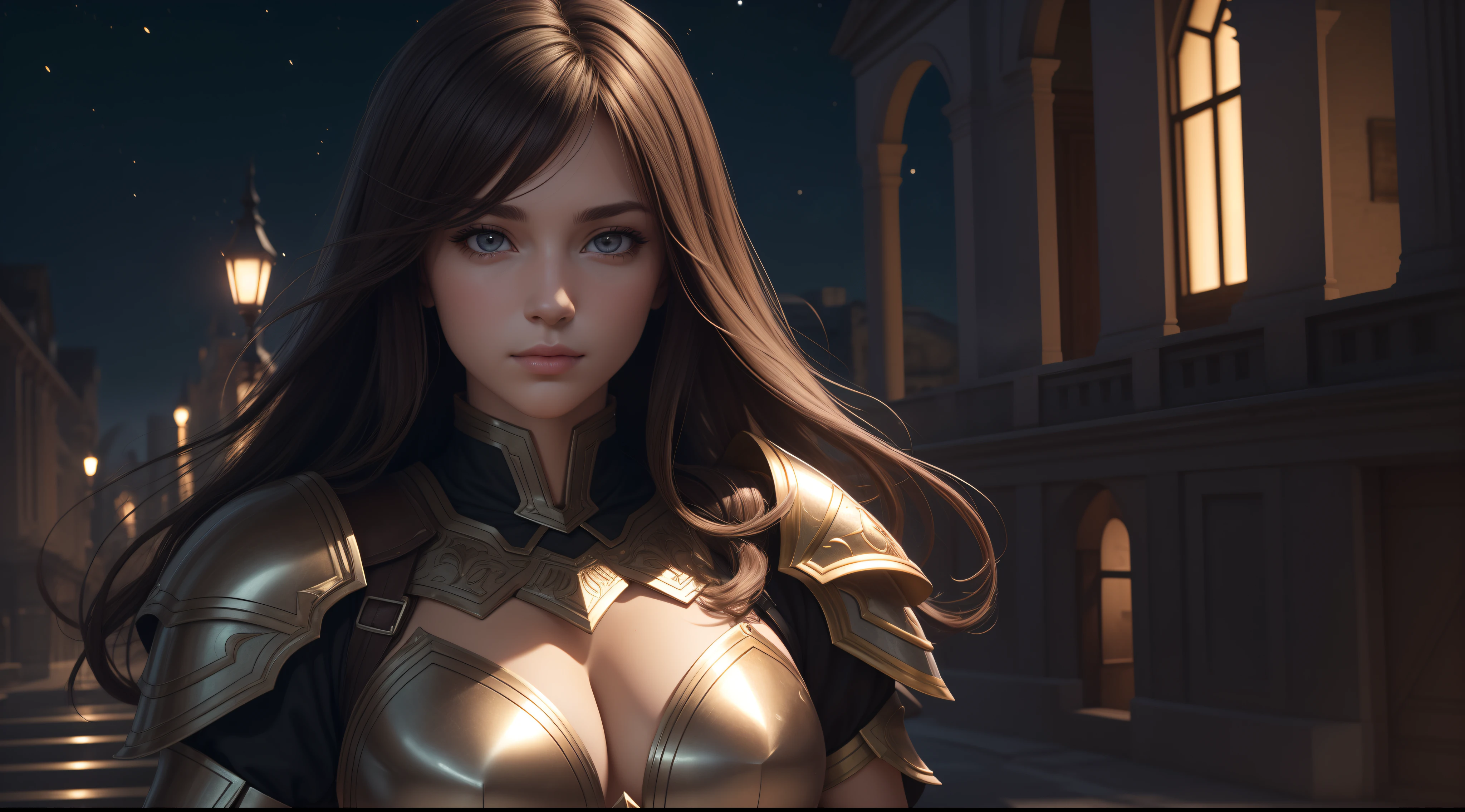 Realistic lighting, Top Quority, 8K Resolution, (masterpiece: 1.3), (Clear focus: 1.2),1 Girl, delicate face, big double eyelids, Sexy expression, Body perfect anatomy, (perfect body: 1.6), (large chest 1.7), long and dark brown hair, (best chest: 1.8), armor, long knife, magia, exterior, (night: 1.1 ),1080p, hyper HD, textureskin, super detailed, best quality, high detail, highest quality.