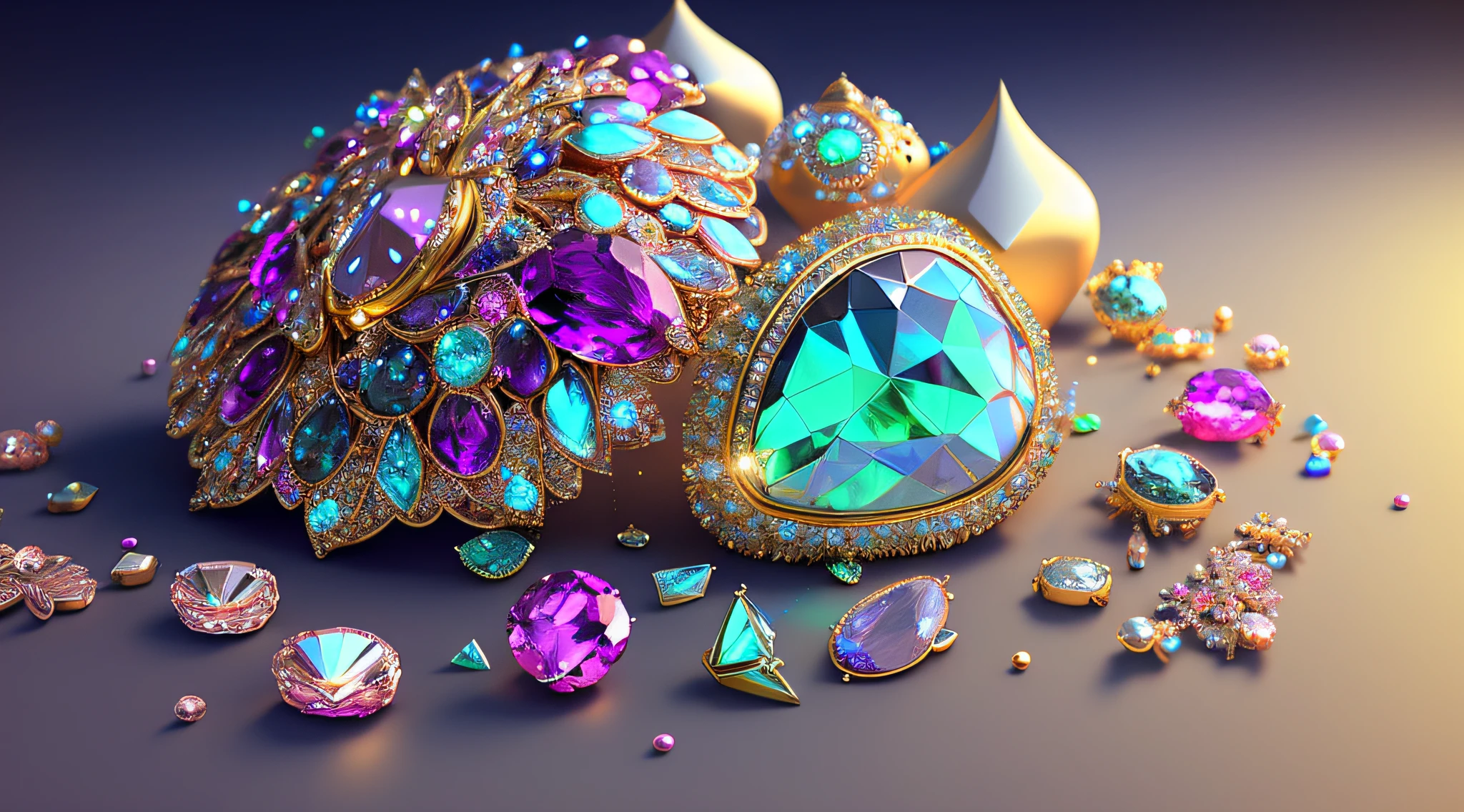 Lots of jewels scattered on the floor. iridescent,  Luxurious decoration, bio luminescent, Elegant, painting-like, Ultra-detailed, Delicate; with an intricate, Surreal concept art, Aesthetic, Smooth, sharp, Professional, masterpiece, custom, Best Quality, color corrected, Fix it in a post.8K