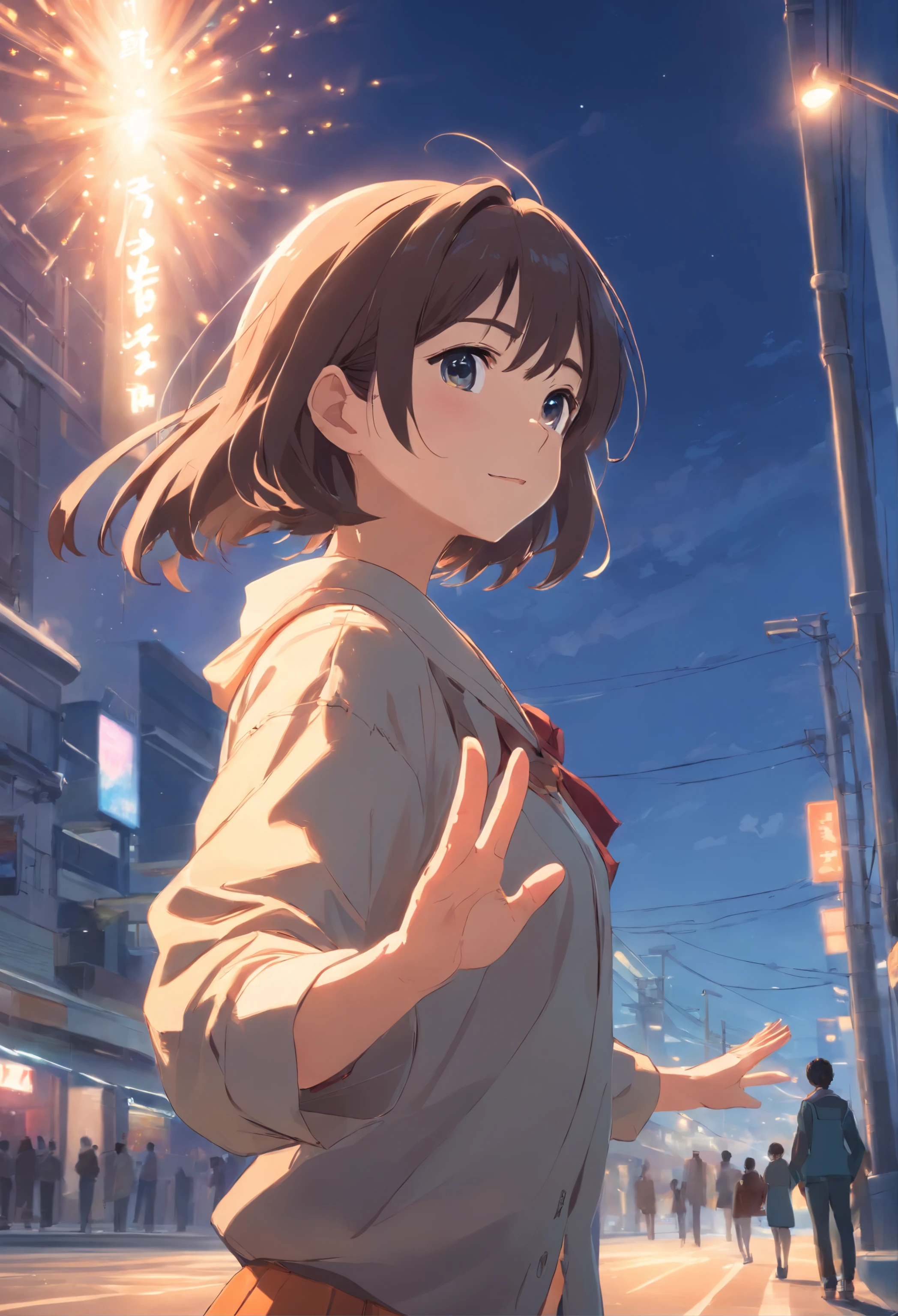 Masterpiece, best quality, portrait of 1girl, waving hands, light shining from aside make a look like cinematic, warm condition