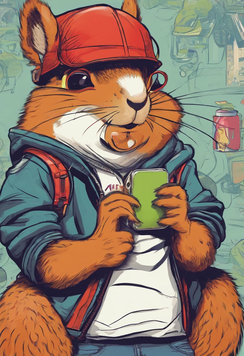 squirrel with Apple headphones and a Balenciaga sweatshirt