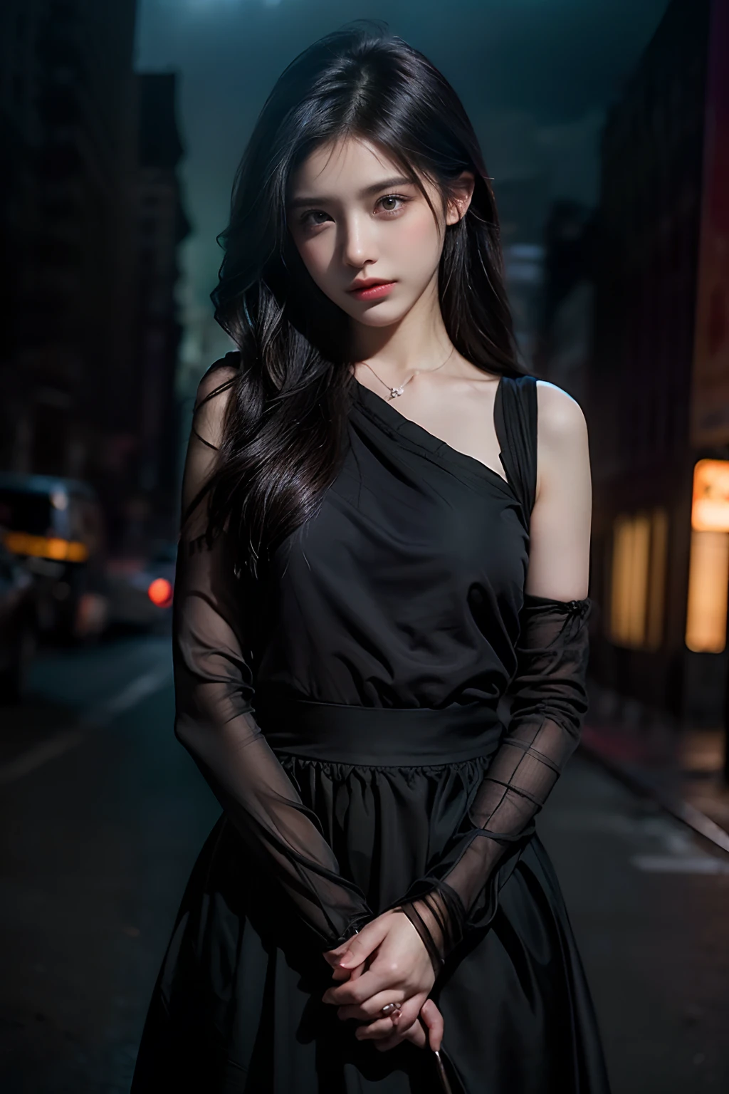 1 cinta, (Ver o visualizador:1.2), Detalhe Face,  (one girl standing, Tear in CG society, sombras negras, streaming, new york backdrop), Romantismo lain, Atmospheric, (Foto RAW, best quality), (Realistic, photo-realistic:1.3), master part, um extremamente delicado e bonito, extremamente detalhado,
