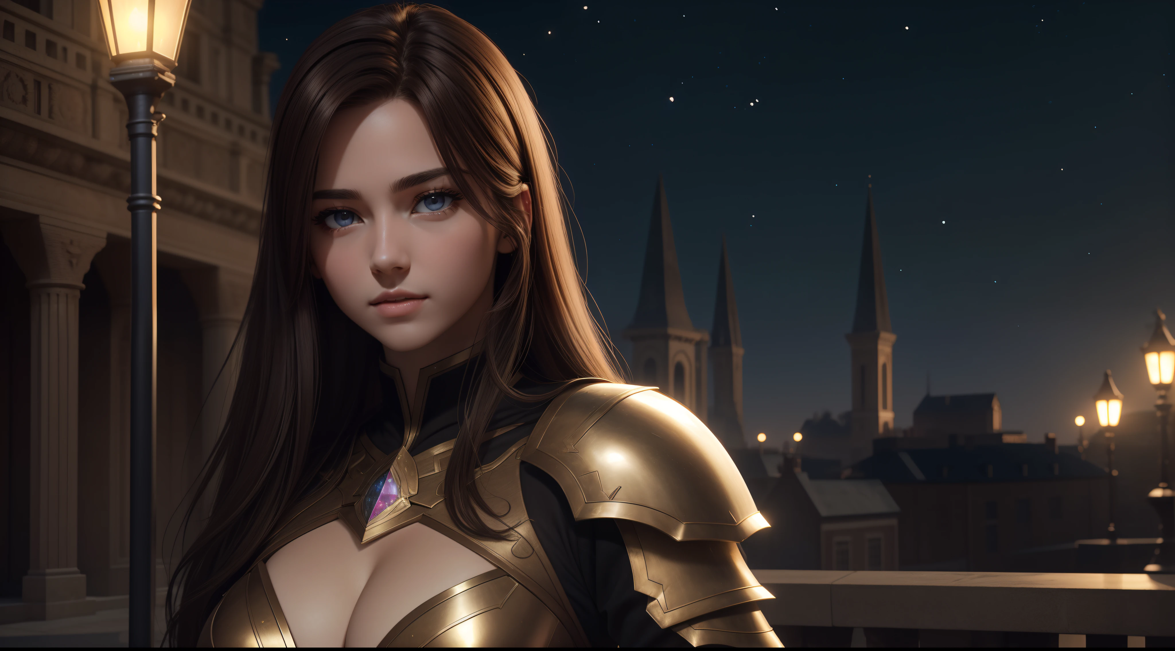 Realistic lighting, Top Quority, 8K Resolution, (masterpiece: 1.3), (Clear focus: 1.2),1 Girl, delicate face, big double eyelids, Sexy expression, Body perfect anatomy, (perfect body: 1.6), (large chest 1.7), long and dark brown hair, (best chest: 1.8), armor, long knife, magia, exterior, (night: 1.1 ),1080p, hyper HD, textureskin, super detailed, best quality, high detail, highest quality.