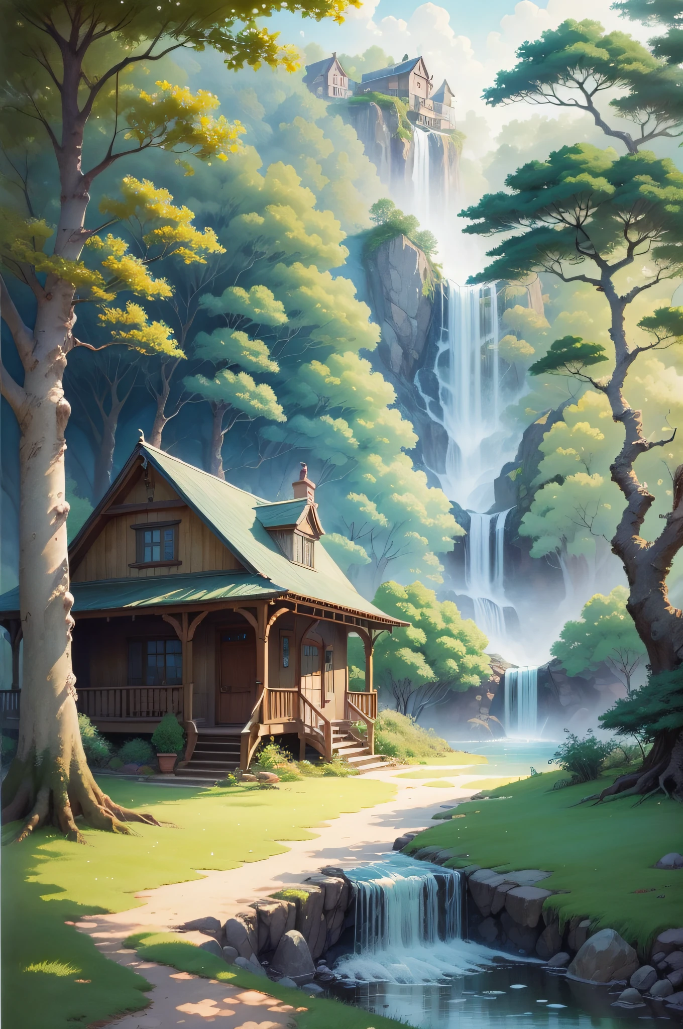 painting of a watercolor of a house with a tree and a waterfall, fantasy water color, fantasy watercolor, in his hobbit home, detailed watercolor, ghibli art style, detailed watercolour, watercolor detailed art, ghibli studio style, ghibli studio art, inspired by Studio Ghibli, inspired by Shūbun Tenshō, studio ghibli scheme, a watercolor painting, watercolor illustration